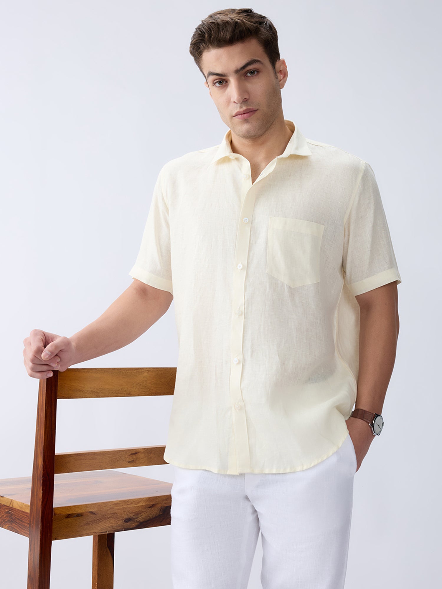 Cream Yellow 100% Pure Linen Half Sleeve