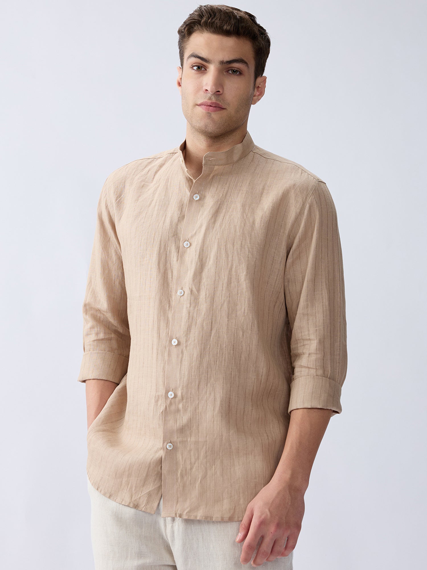 Sand Beige 100% Pure Linen Stripe