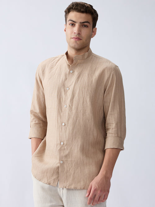 Sand Beige 100% Pure Linen Stripe