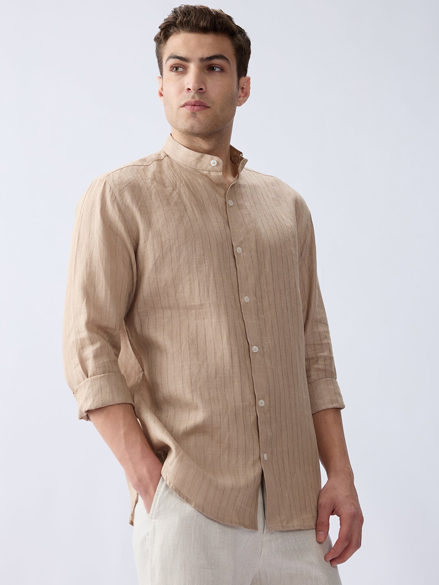 Sand Beige 100% Pure Linen Stripe