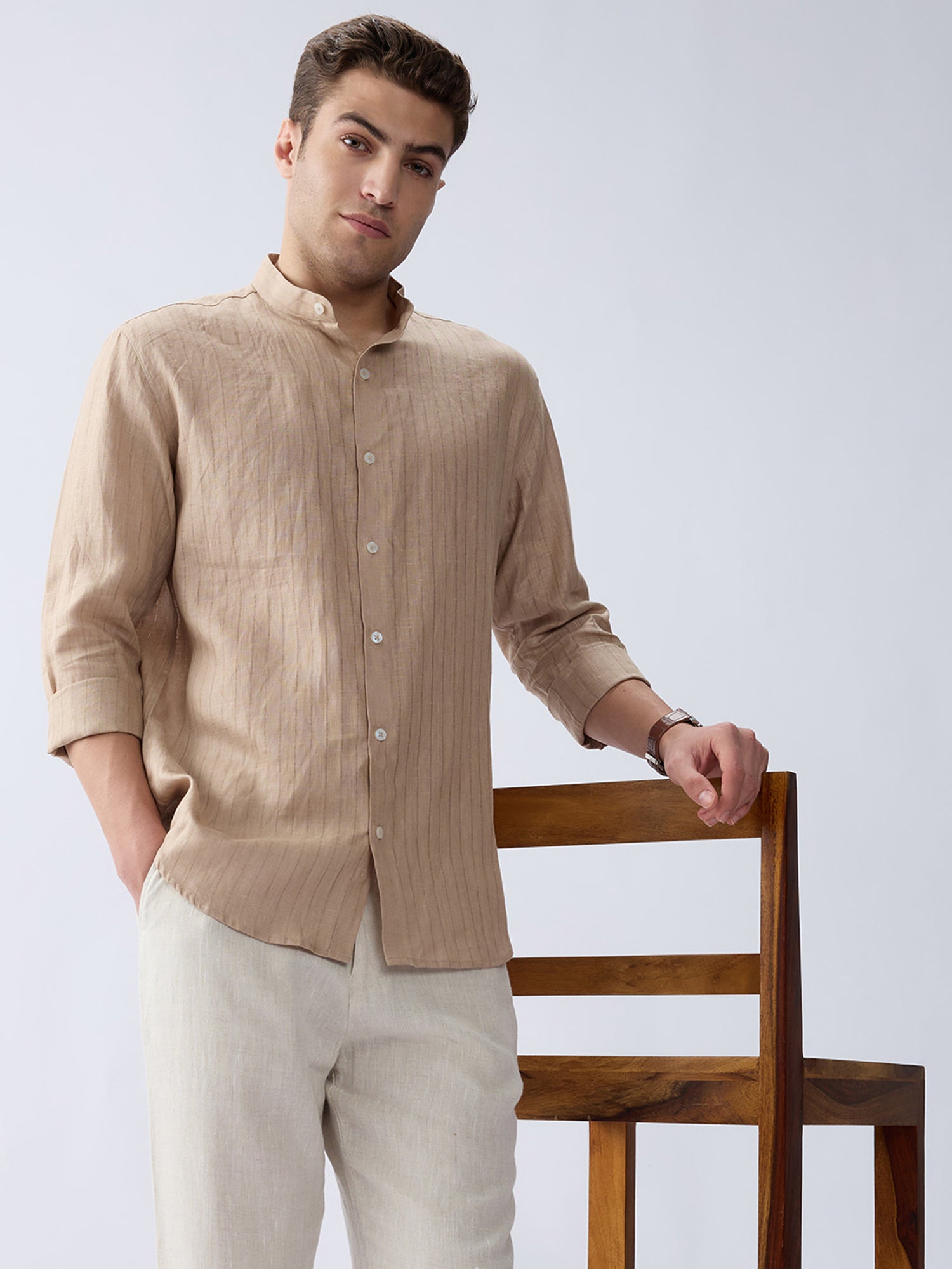 Sand Beige 100% Pure Linen Stripe