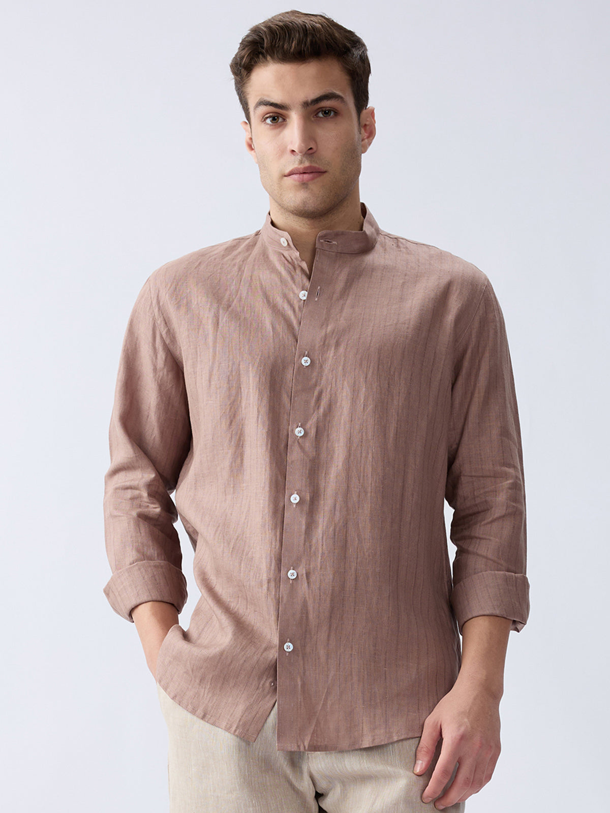 Terra Brown 100% Pure Linen Stripe