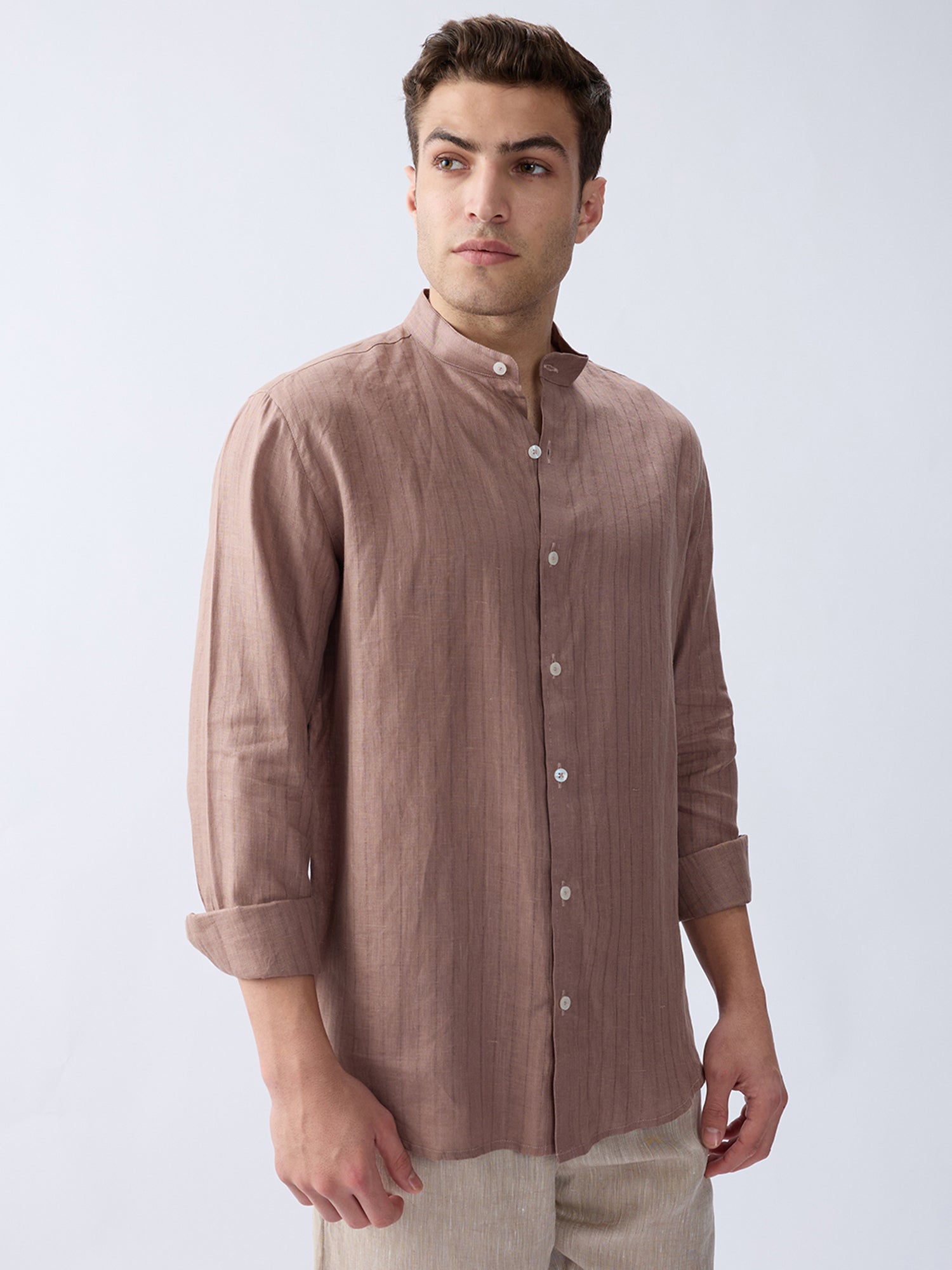 Terra Brown 100% Pure Linen Stripe