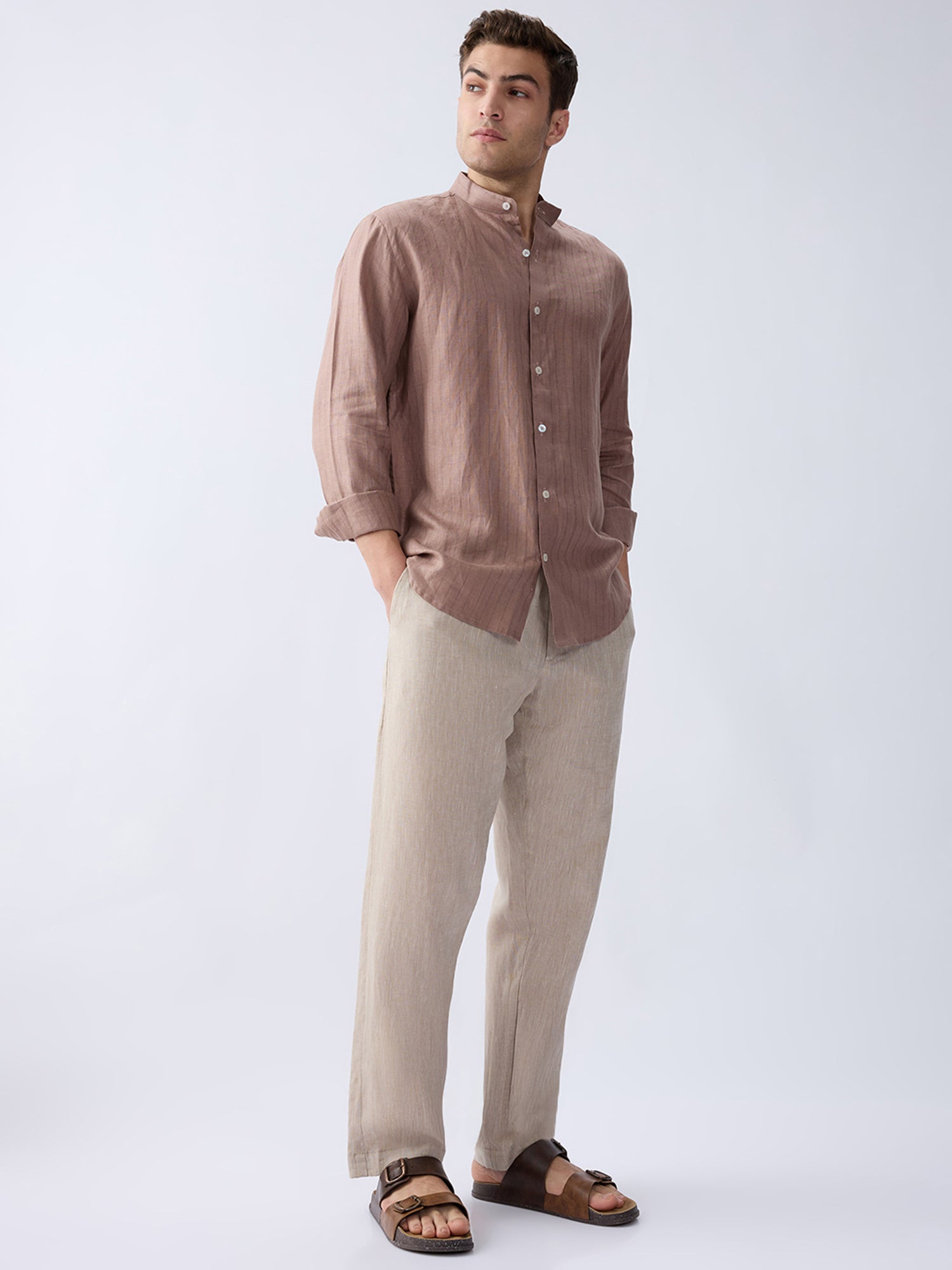 Terra Brown 100% Pure Linen Stripe