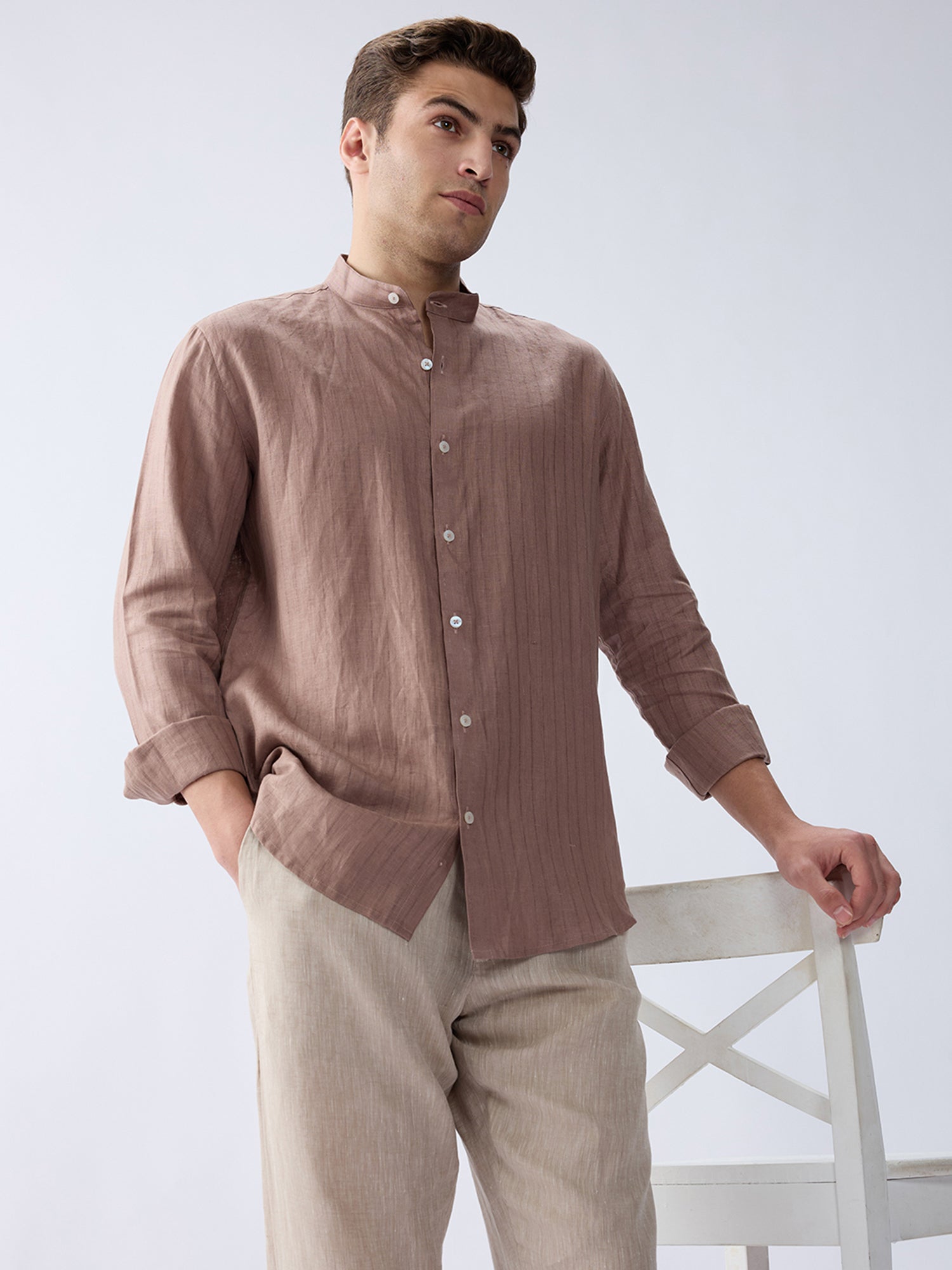 Terra Brown 100% Pure Linen Stripe
