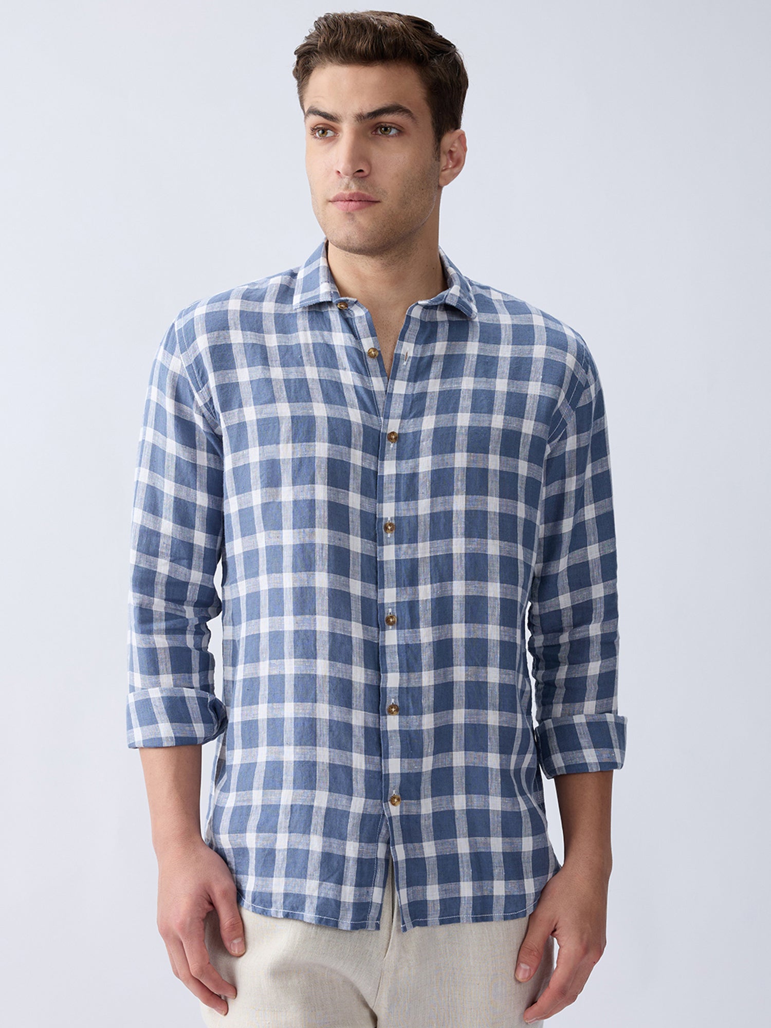 Coastal Blue 100% Pure Linen Check