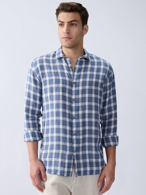 Coastal Blue 100% Pure Linen Check