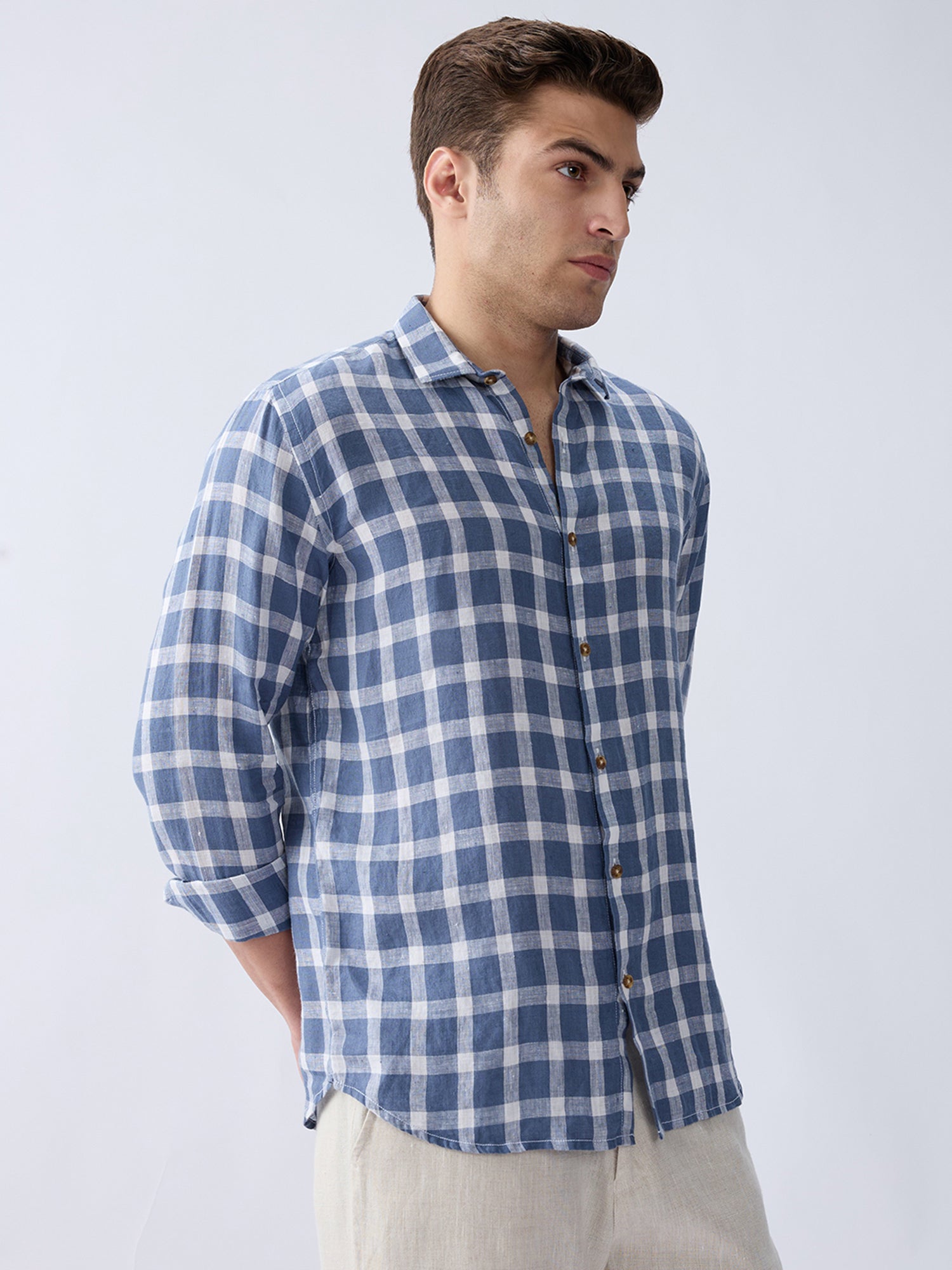 Coastal Blue 100% Pure Linen Check