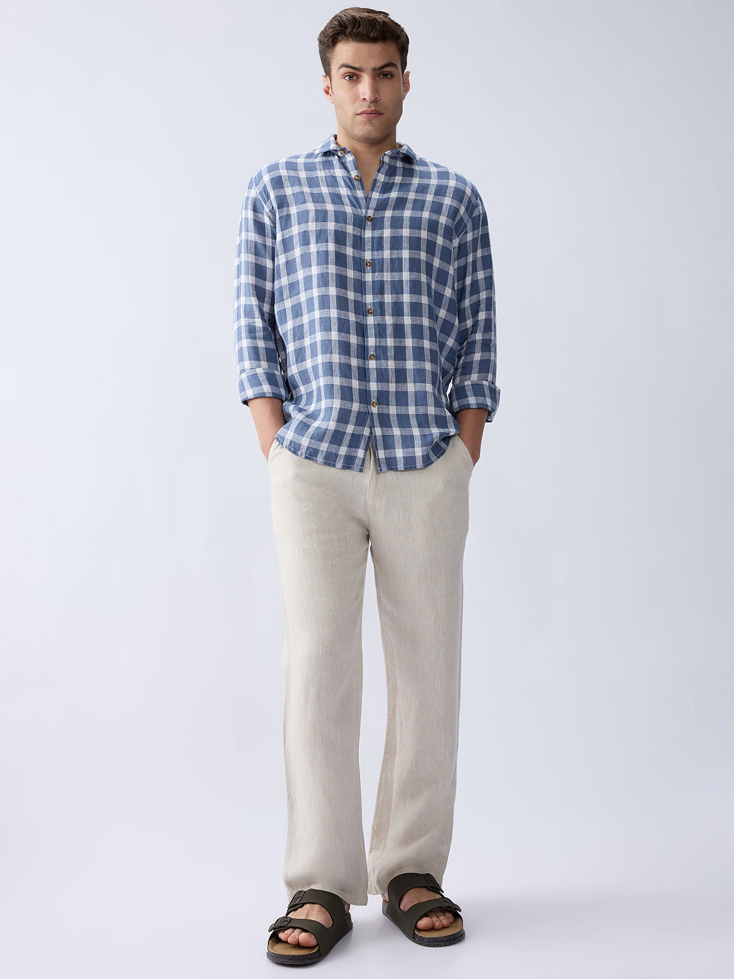 Coastal Blue 100% Pure Linen Check
