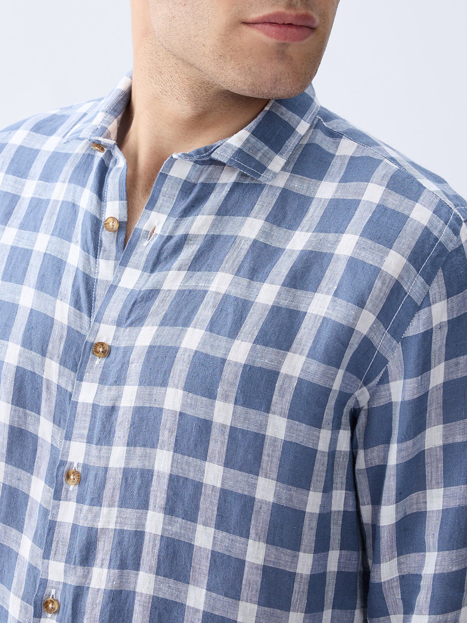 Coastal Blue 100% Pure Linen Check