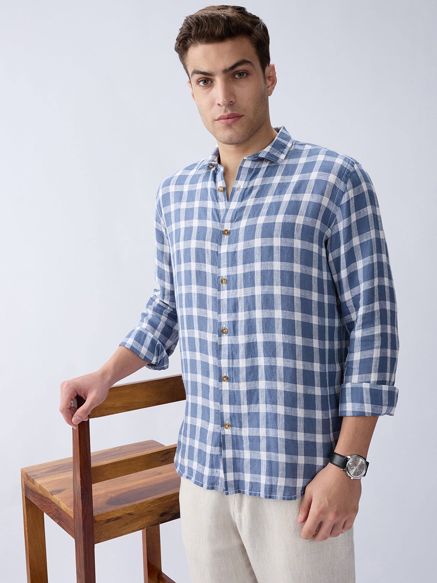Coastal Blue 100% Pure Linen Check