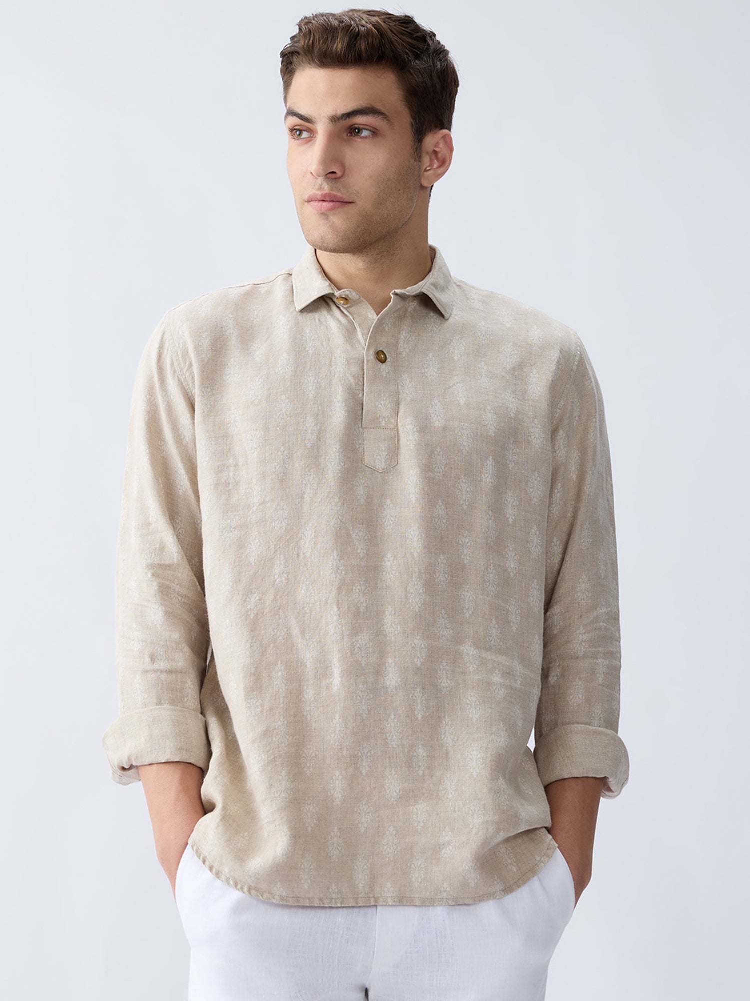 Natural Beige Print 100% Pure Linen Short Kurta