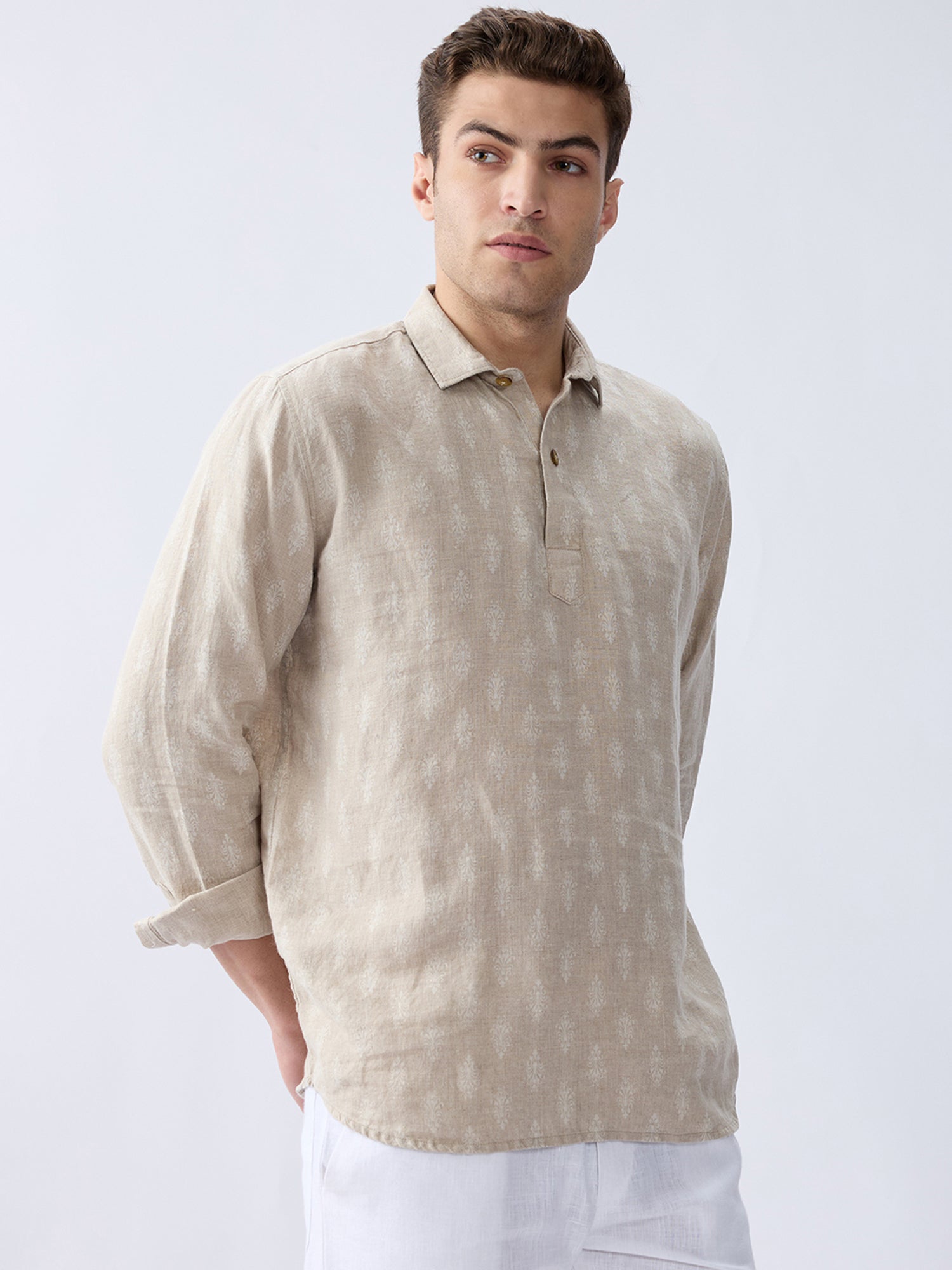 Natural Beige Print 100% Pure Linen Short Kurta