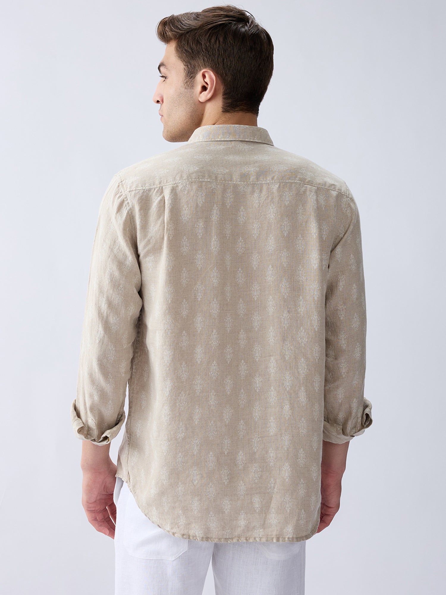 Natural Beige Print 100% Pure Linen Short Kurta