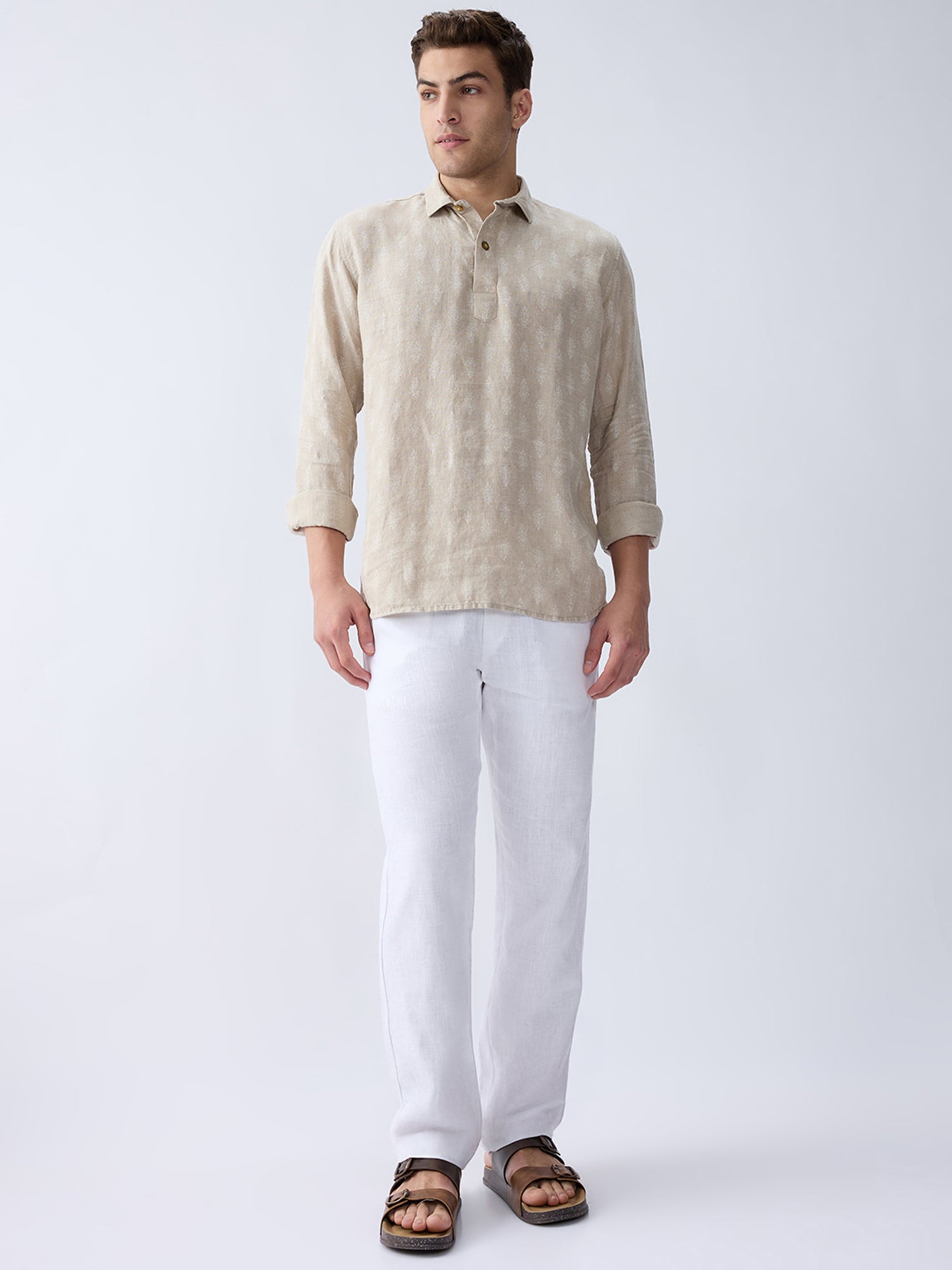 Natural Beige Print 100% Pure Linen Short Kurta