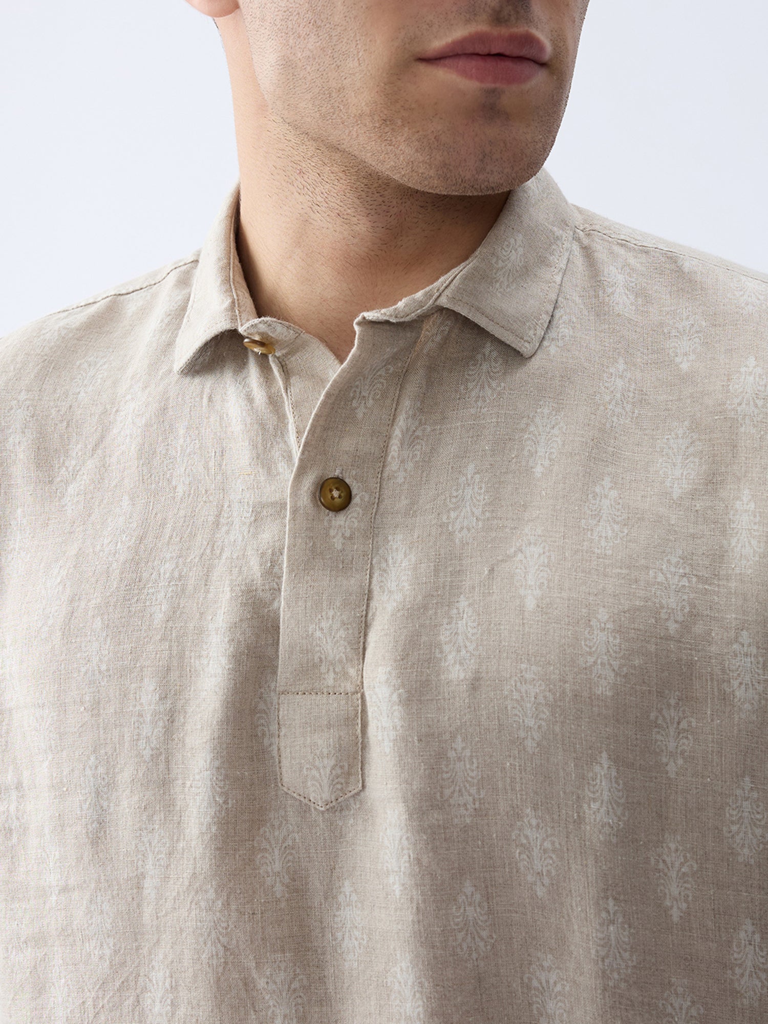Natural Beige Print 100% Pure Linen Short Kurta