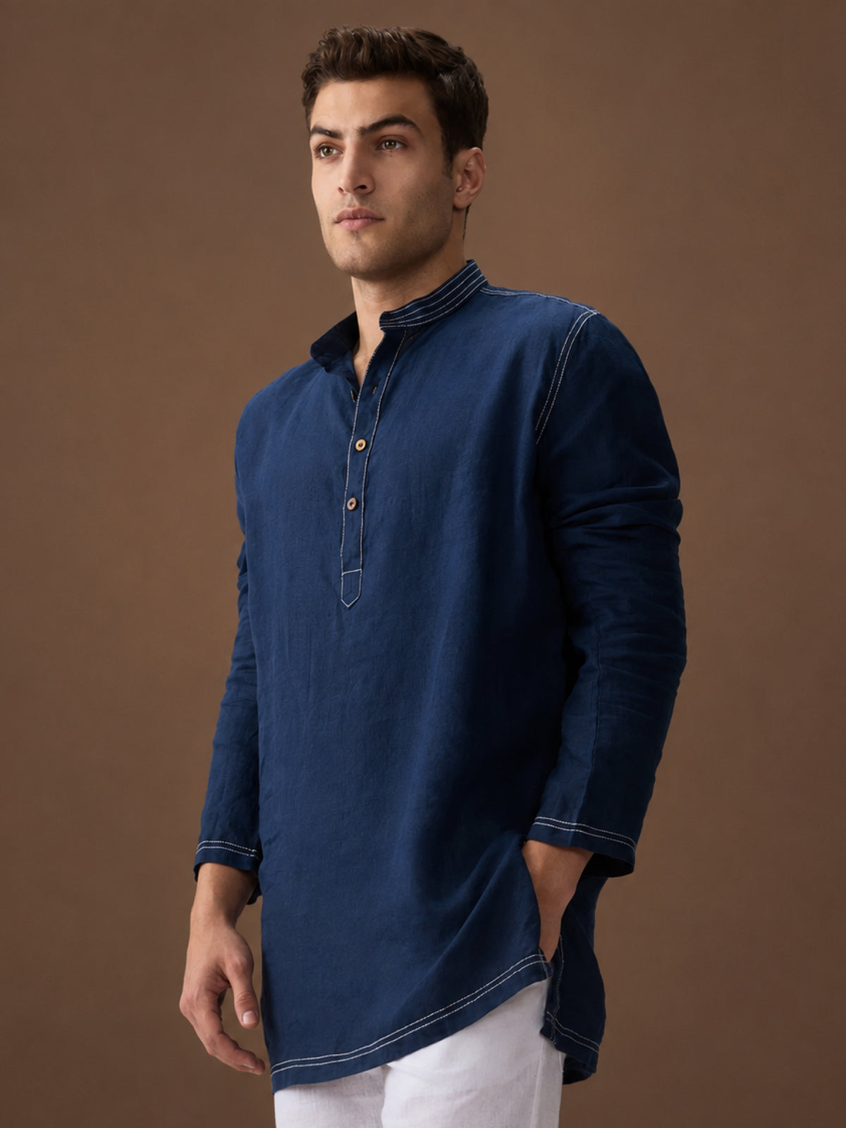 Mriga Navy | 100% Pure Linen Mid-Length Kurta