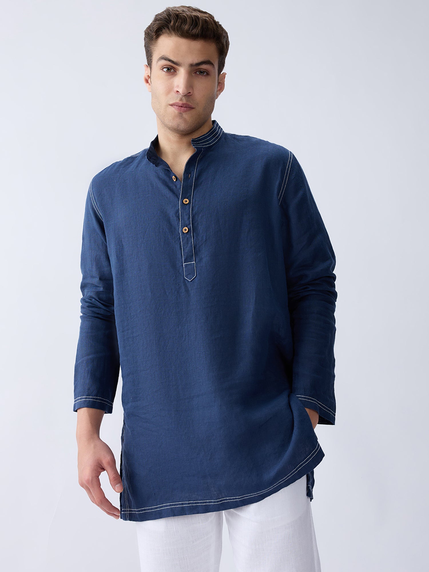 Mriga Navy | 100% Pure Linen Mid-Length Kurta