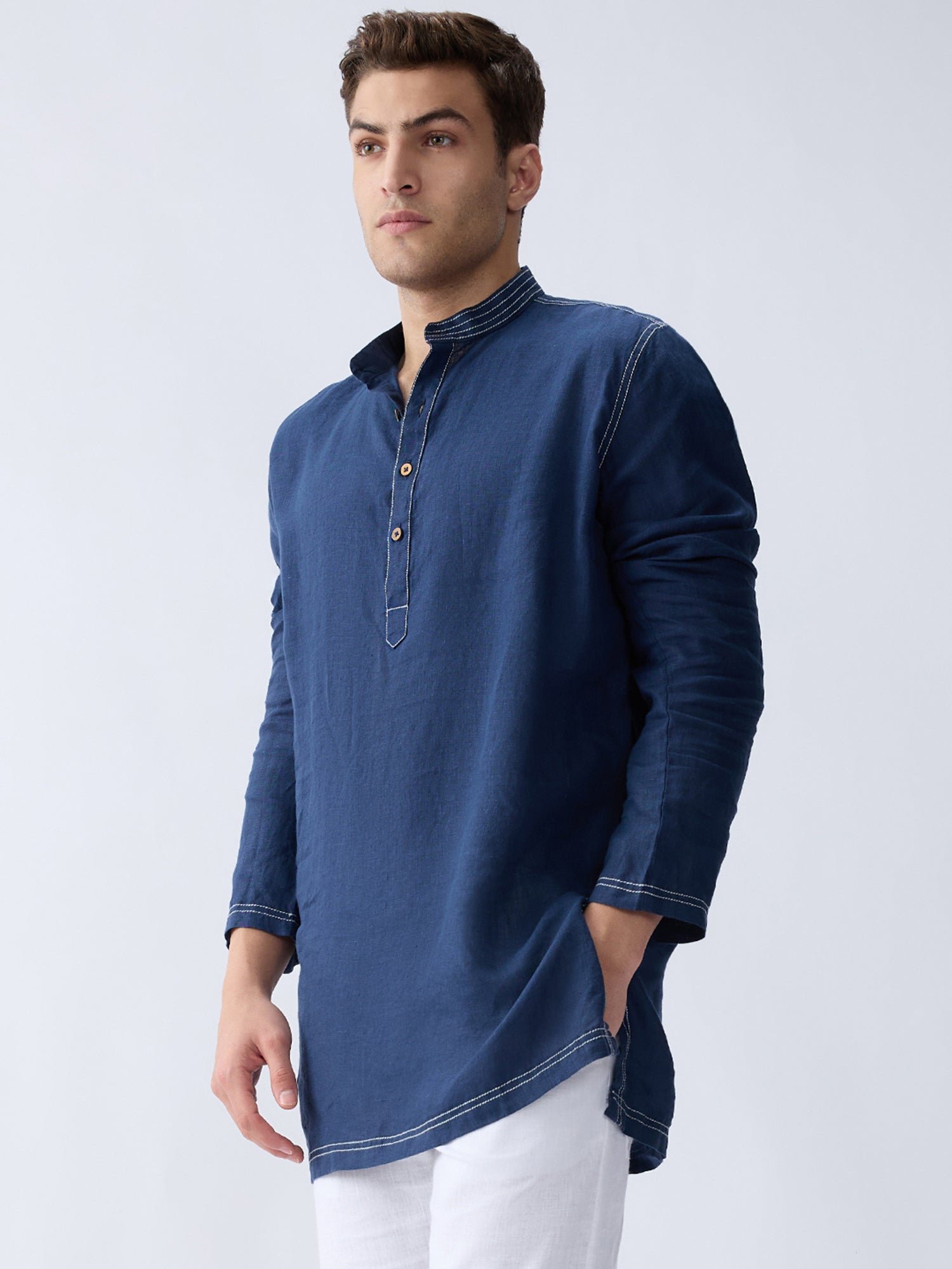 Mriga Navy | 100% Pure Linen Mid-Length Kurta – Bhrata