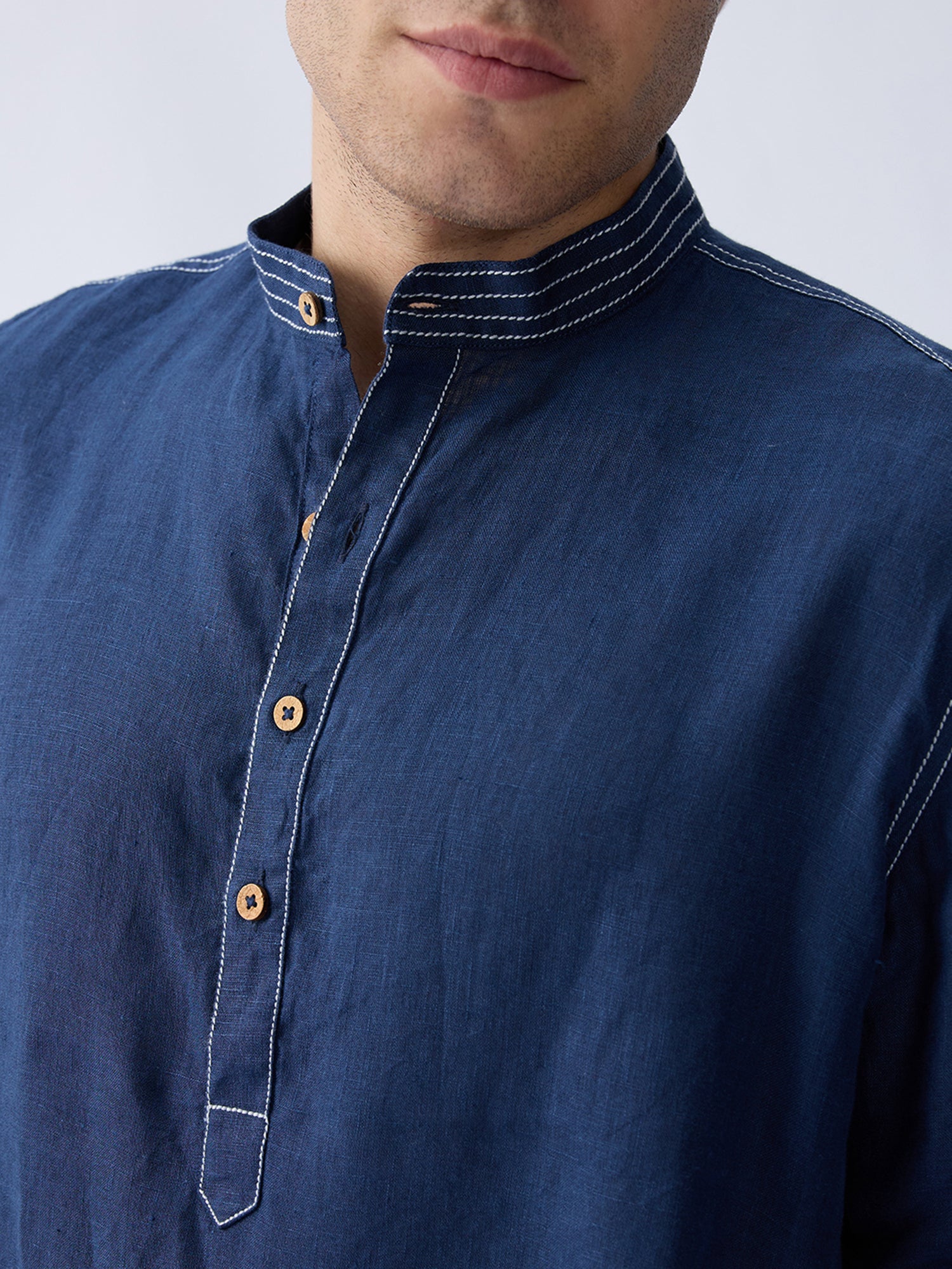 Mriga Navy | 100% Pure Linen Mid-Length Kurta