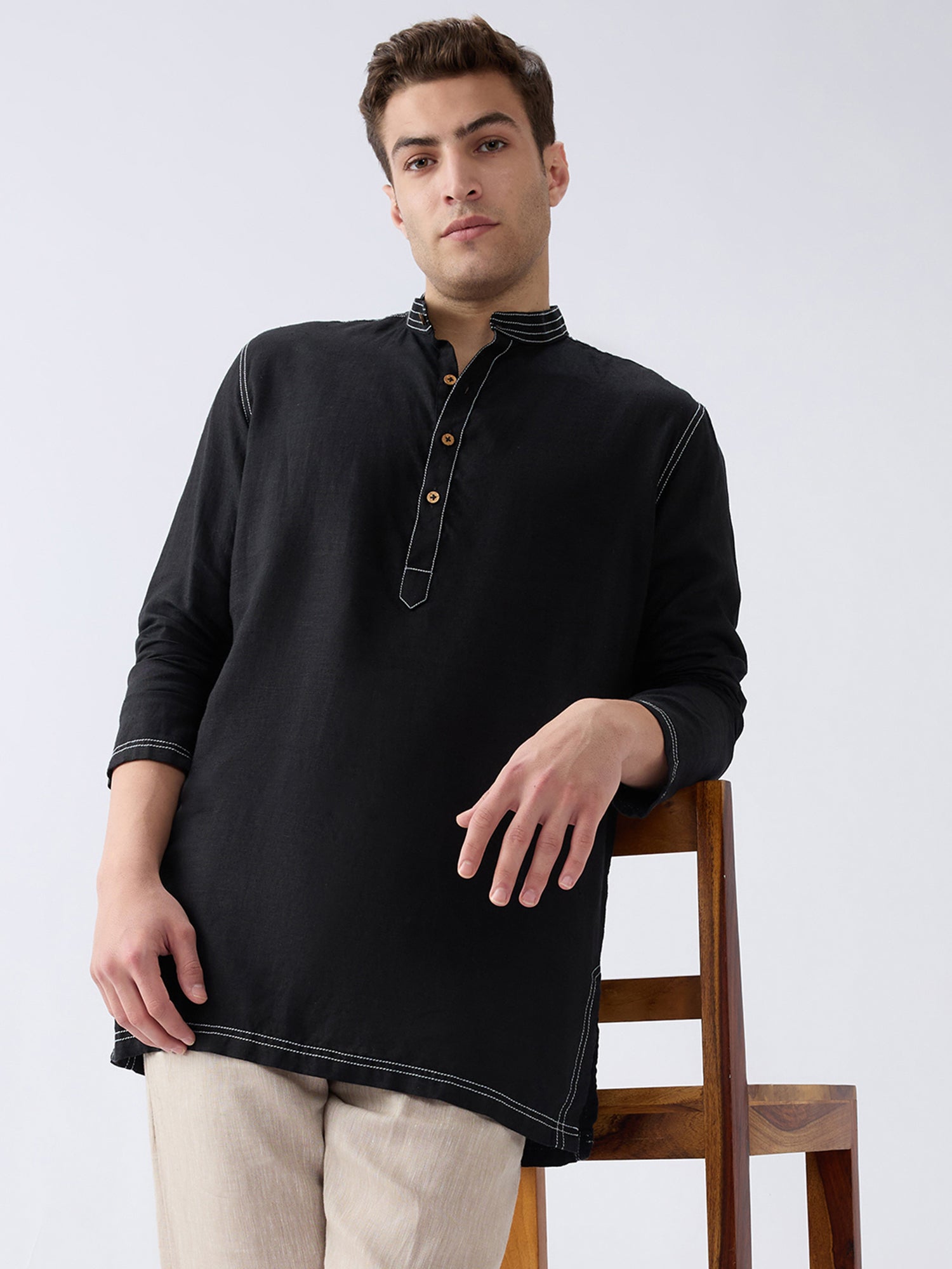 Mriga Black | 100% Pure Linen Mid-Length Kurta