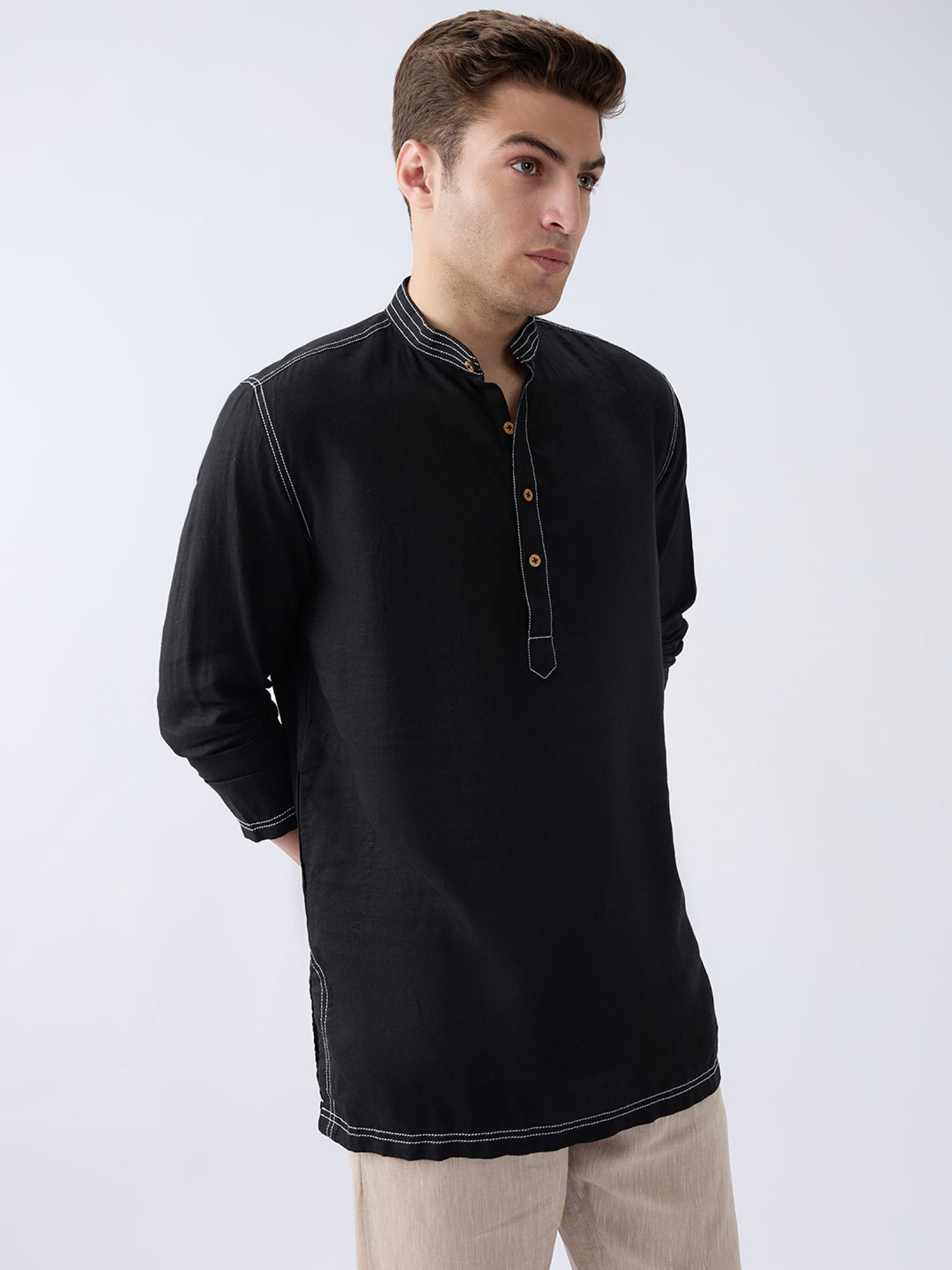 Mriga Black | 100% Pure Linen Mid-Length Kurta