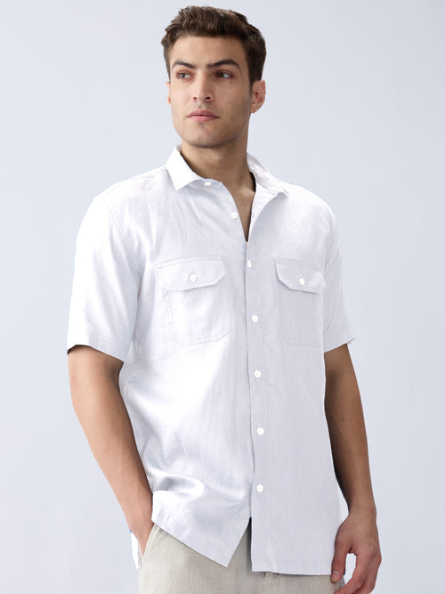 White 100% Pure Linen Half Sleeve Safari