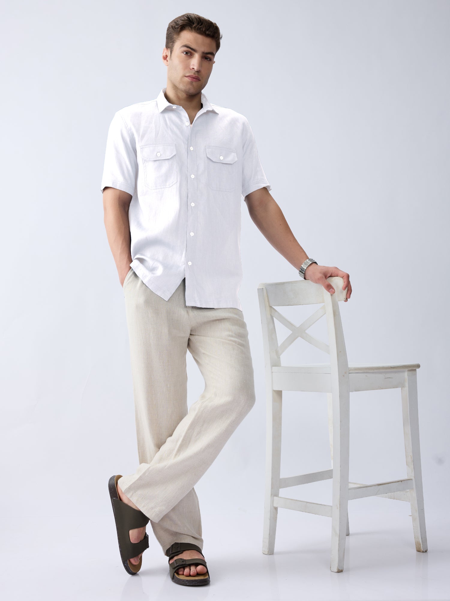 White 100% Pure Linen Half Sleeve Safari