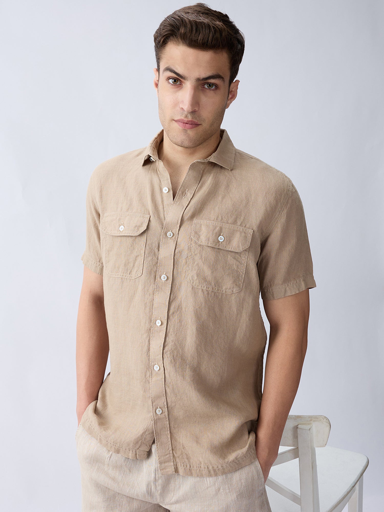 Earth Brown 100% Pure Linen Half Sleeve Safari