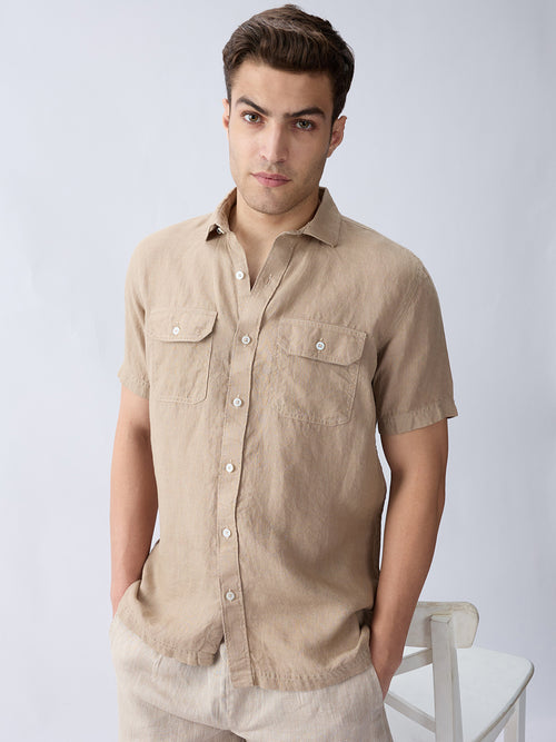 Earth Brown 100% Pure Linen Half Sleeve Safari