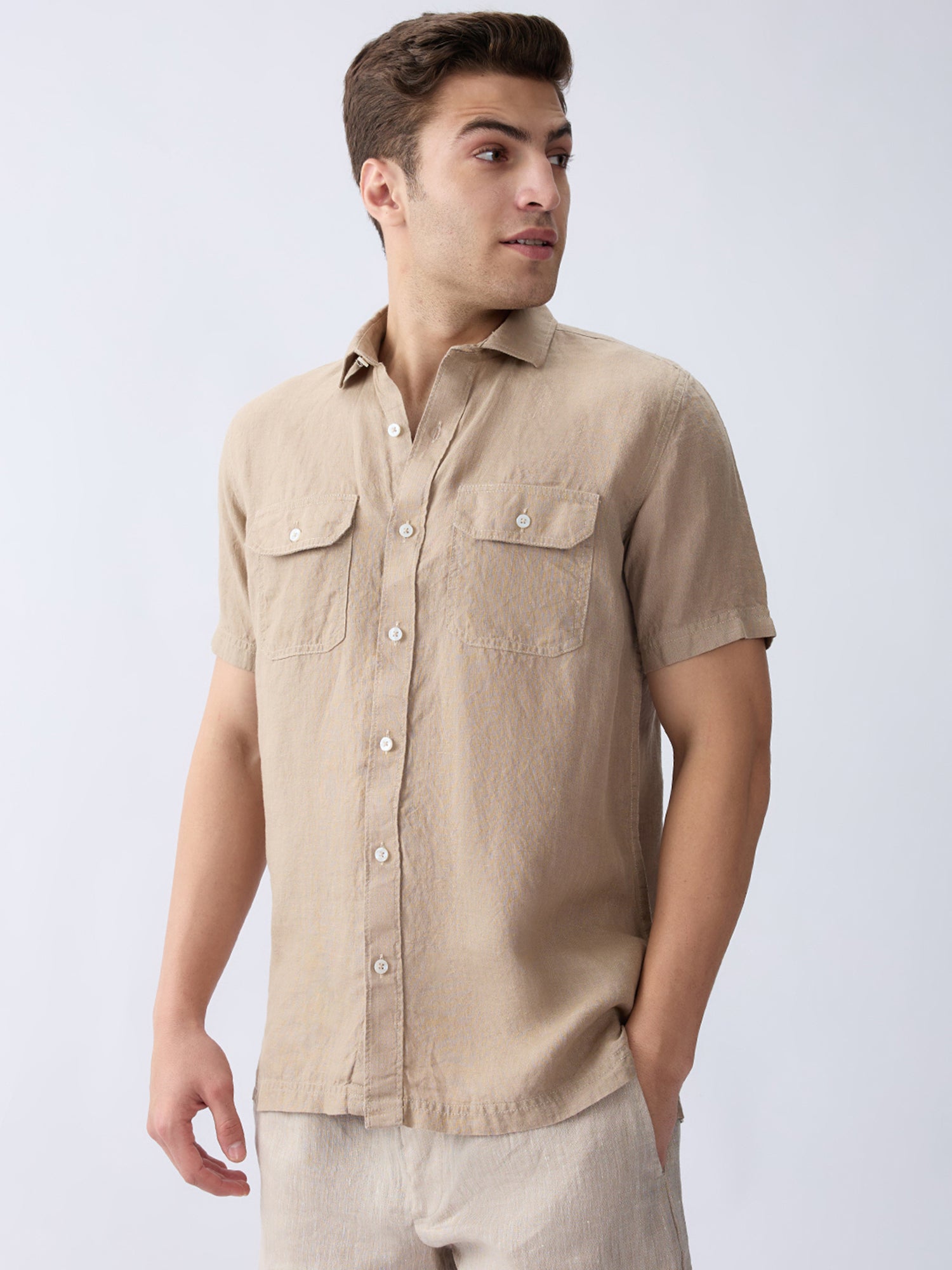 Earth Brown 100% Pure Linen Half Sleeve Safari