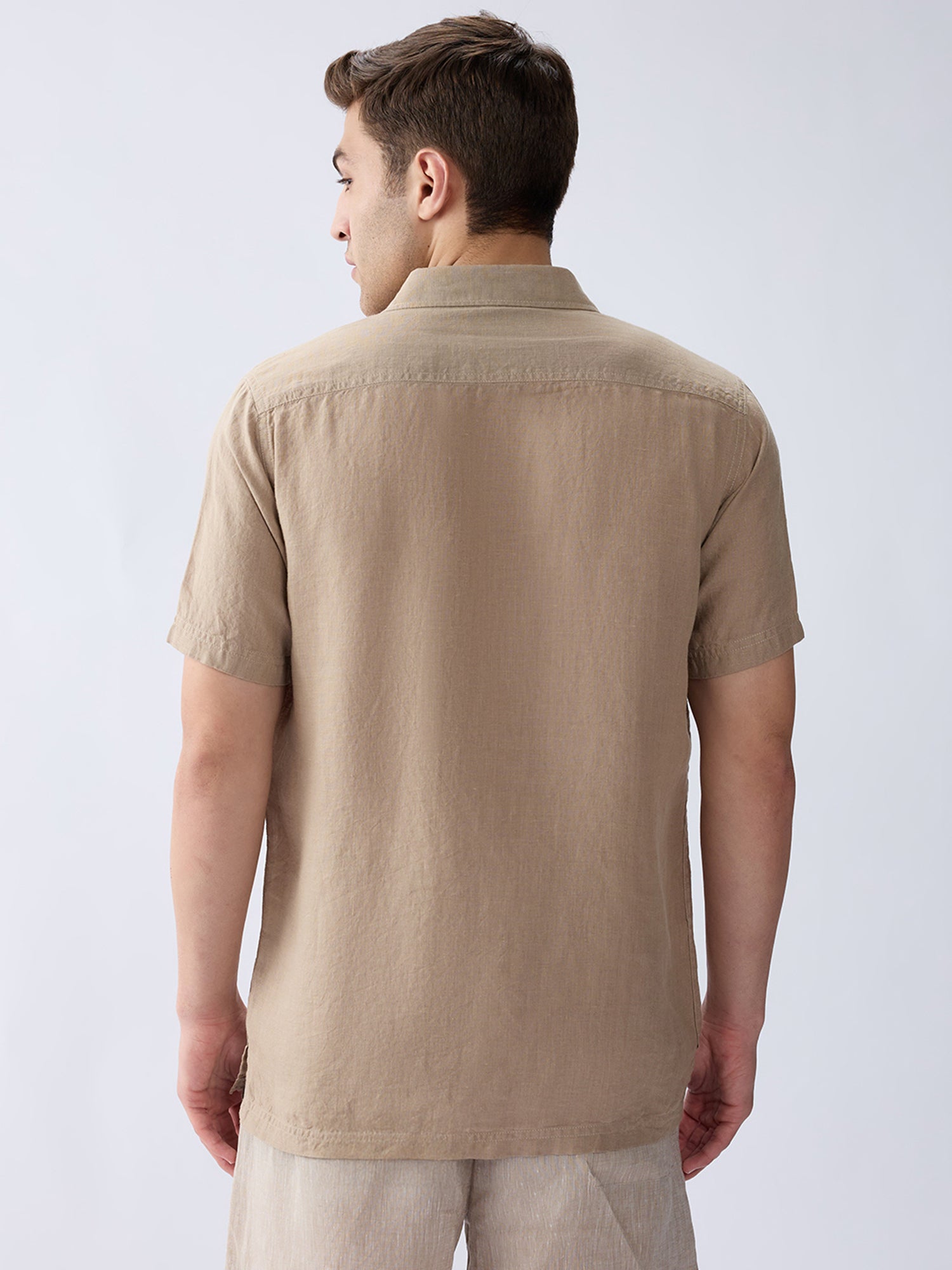 Earth Brown 100% Pure Linen Half Sleeve Safari