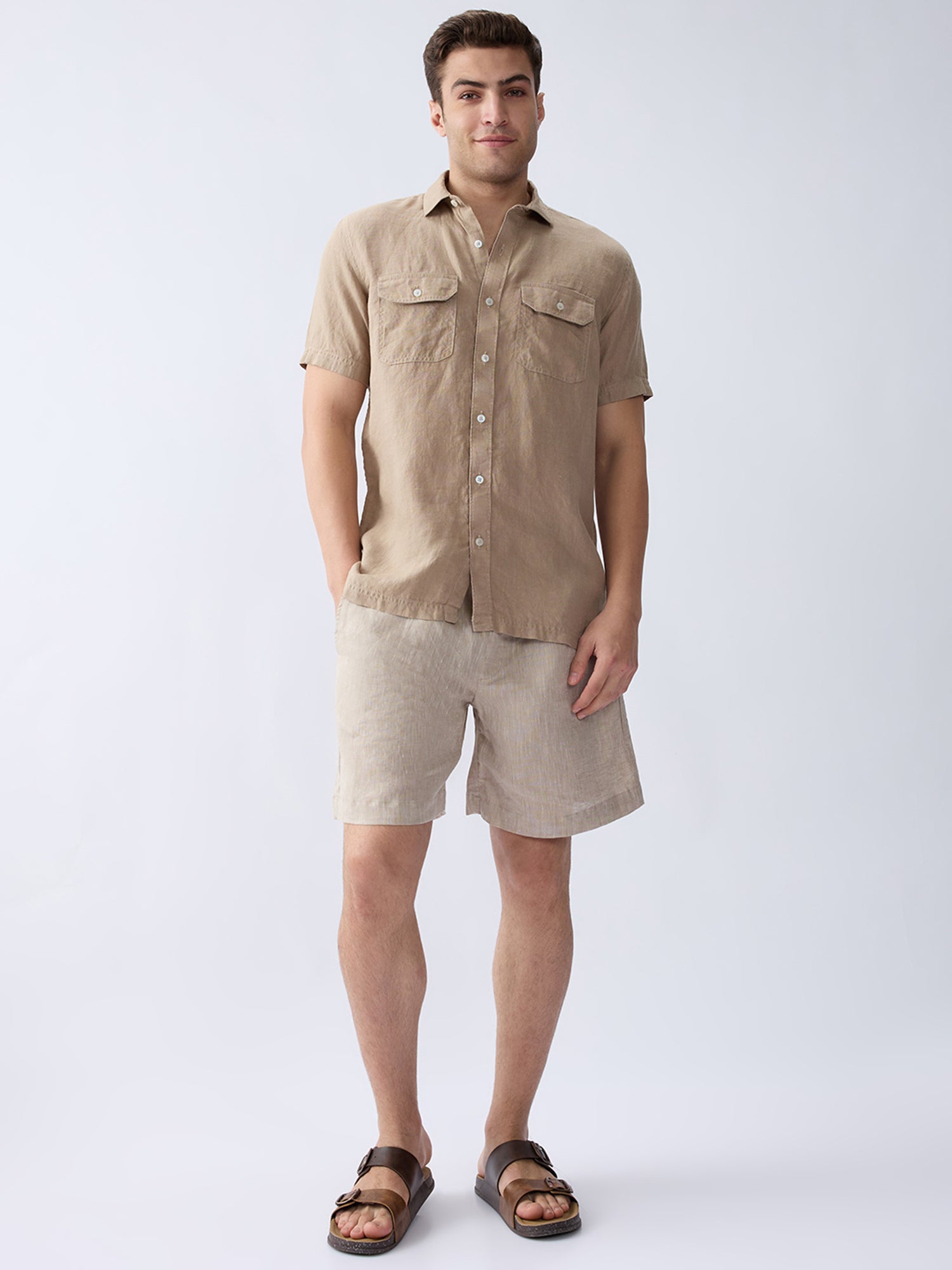 Earth Brown 100% Pure Linen Half Sleeve Safari