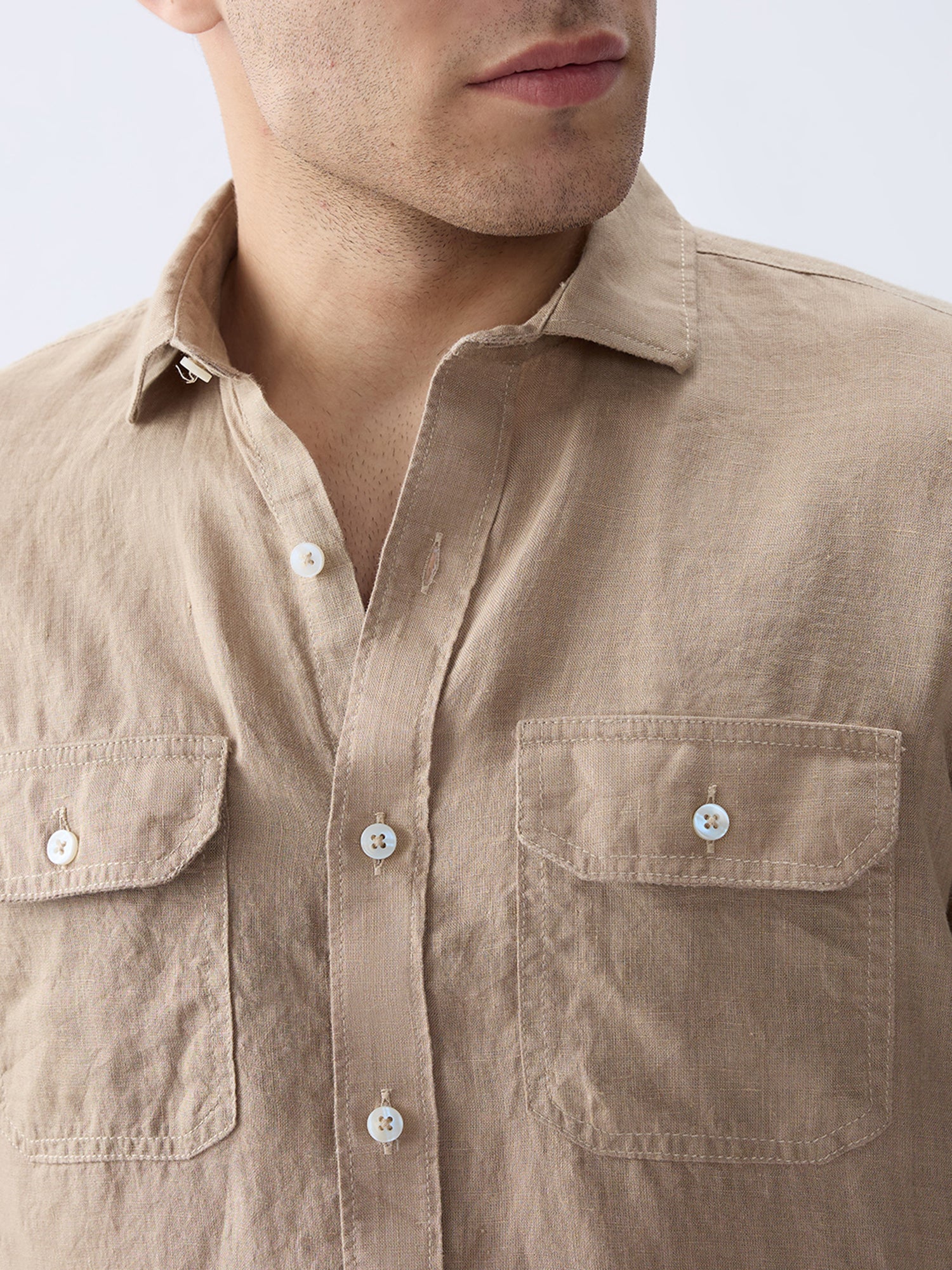 Earth Brown 100% Pure Linen Half Sleeve Safari
