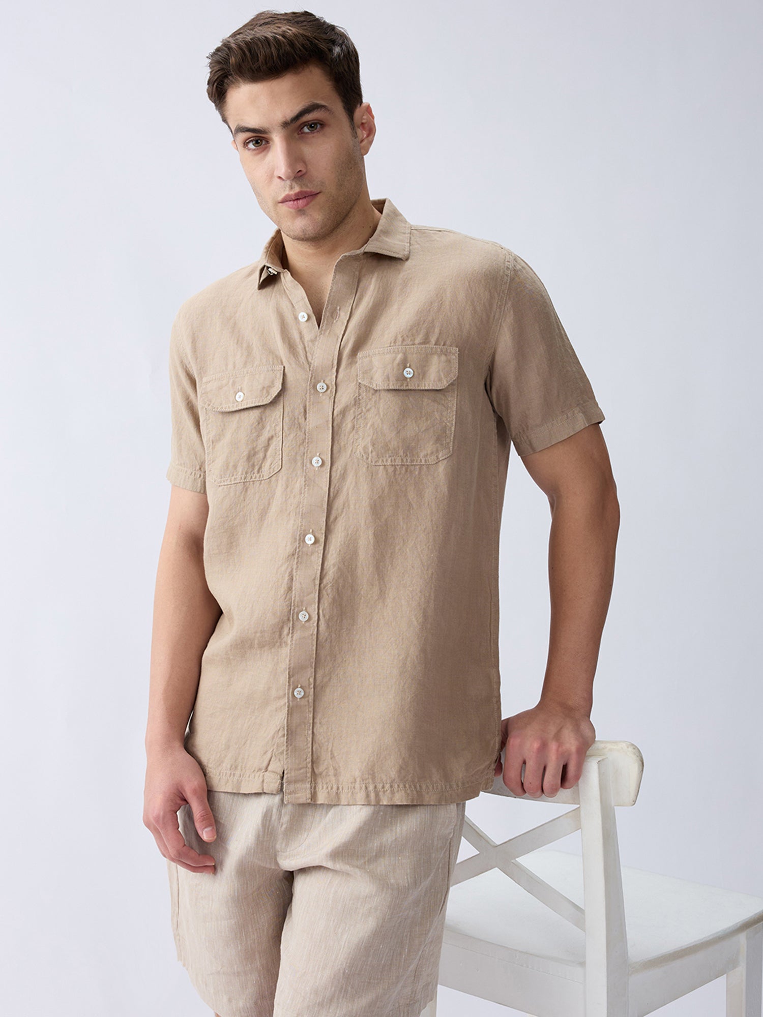 Earth Brown 100% Pure Linen Half Sleeve Safari