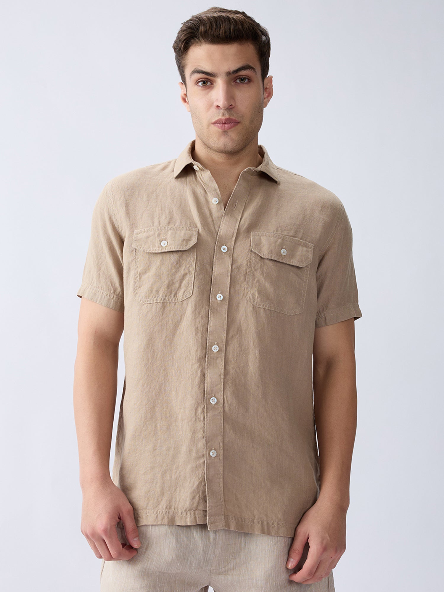 Earth Brown 100% Pure Linen Half Sleeve Safari