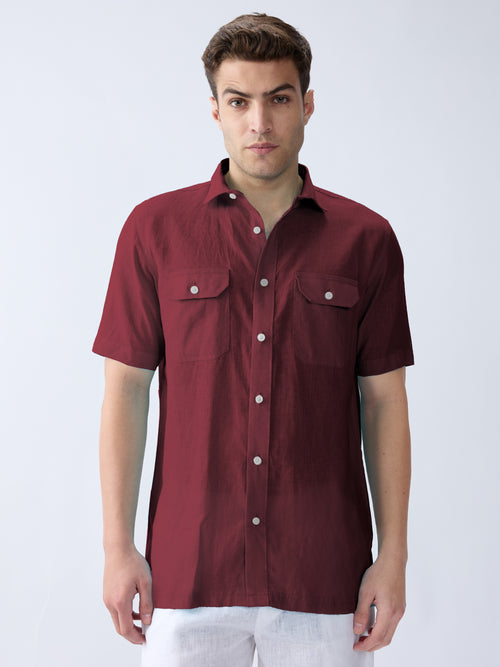 Mulberry Maroon 100% Pure Linen Half Sleeve Safari