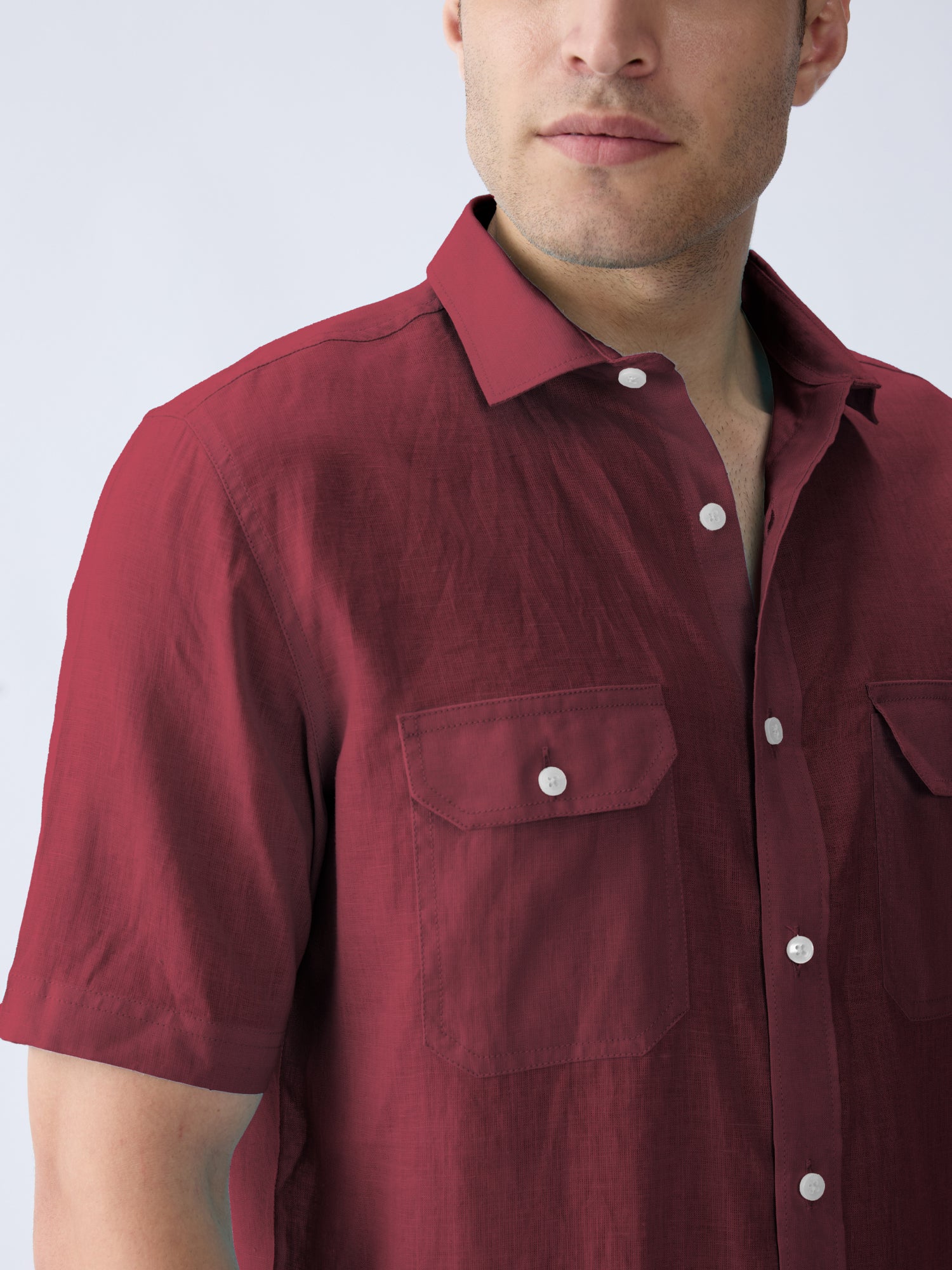 Mulberry Maroon 100% Pure Linen Half Sleeve Safari
