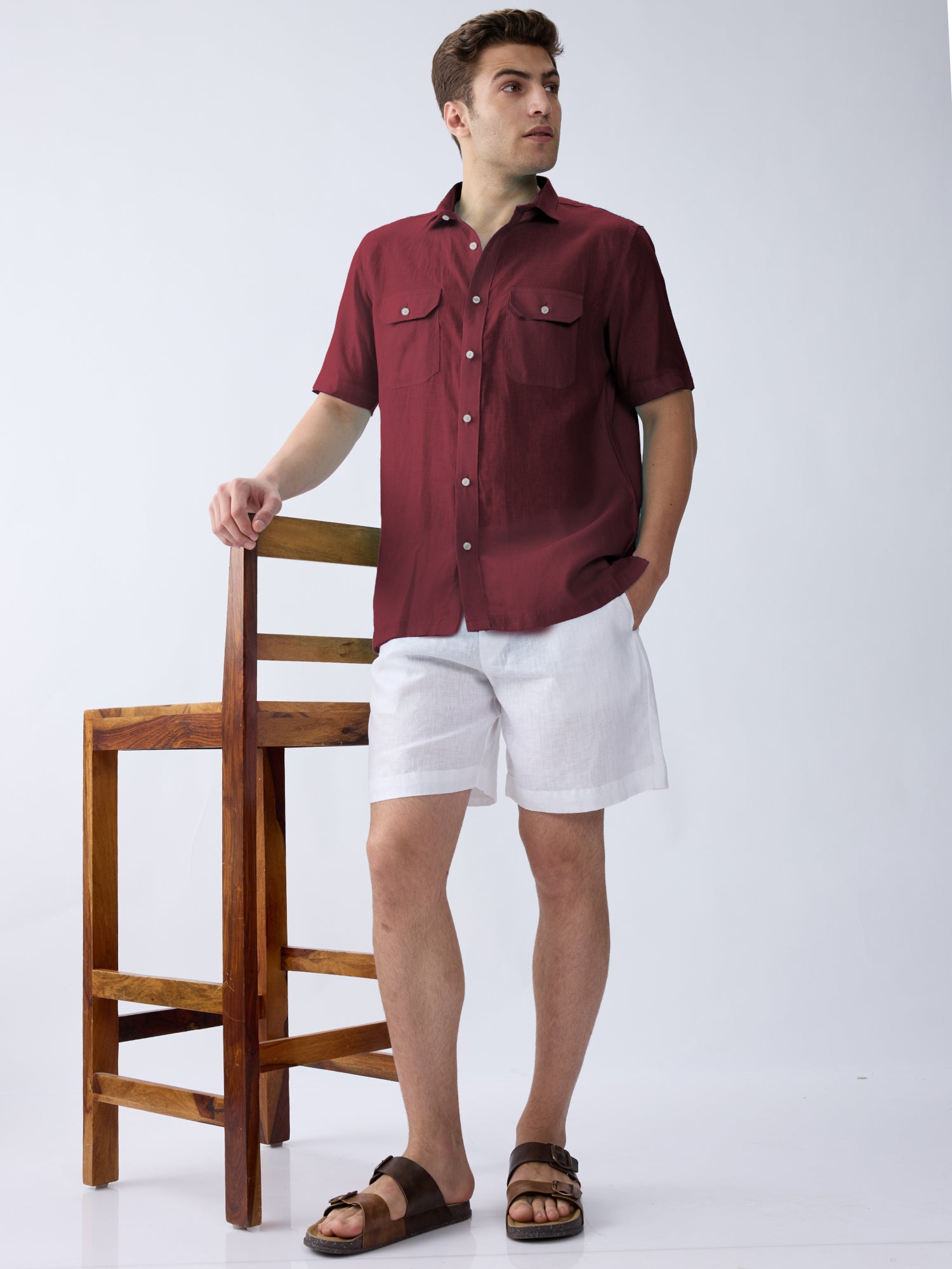 Mulberry Maroon 100% Pure Linen Half Sleeve Safari