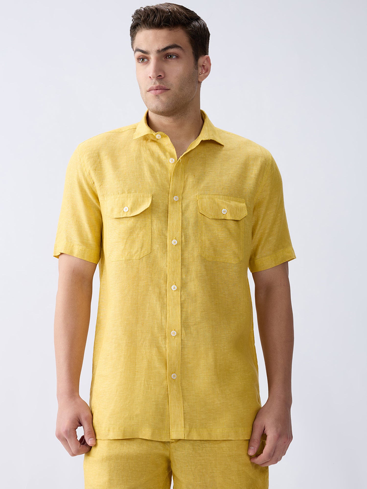 Mustard Yellow 100% Pure Linen Half Sleeve Safari