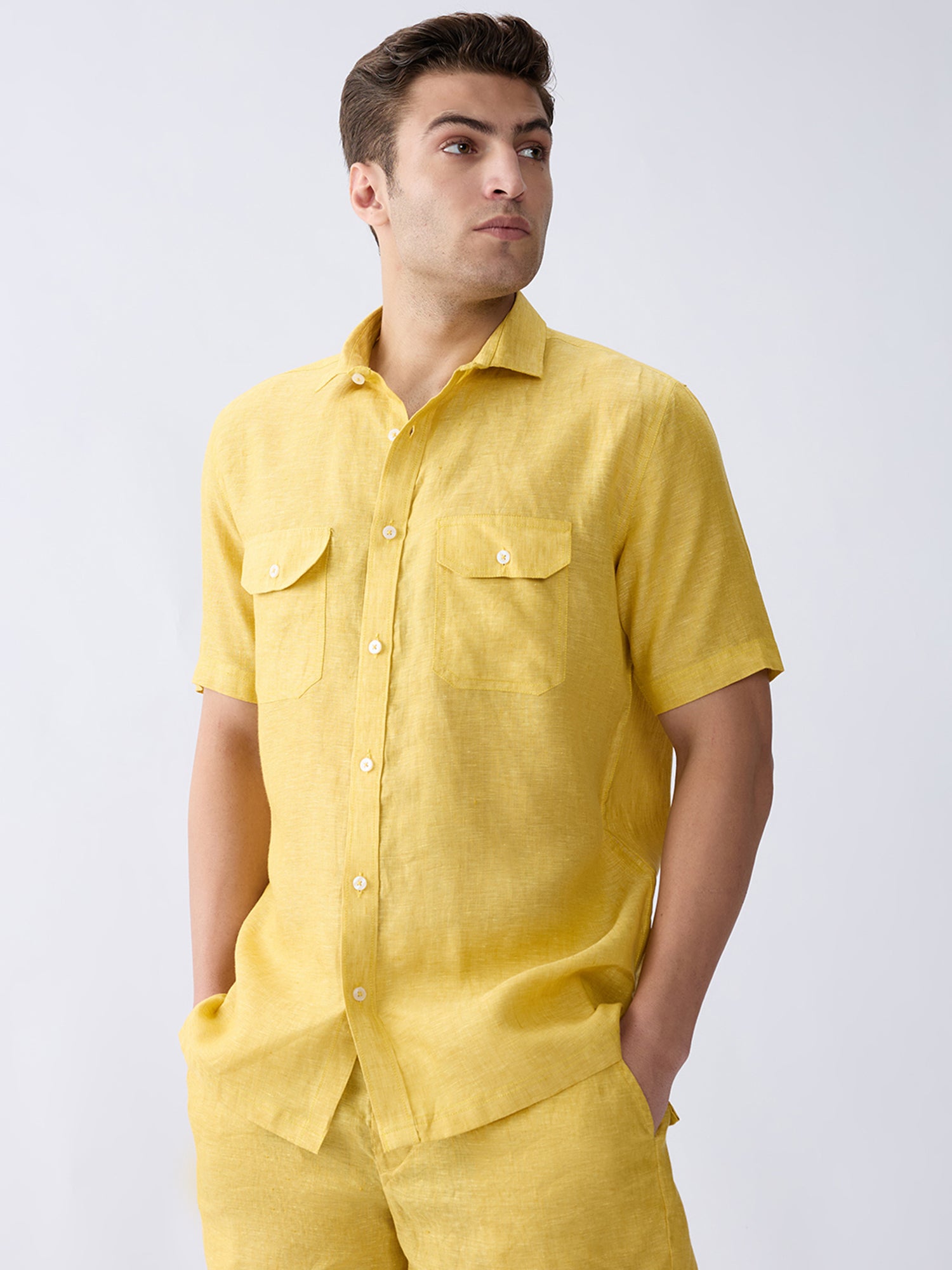 Mustard Yellow 100% Pure Linen Half Sleeve Safari