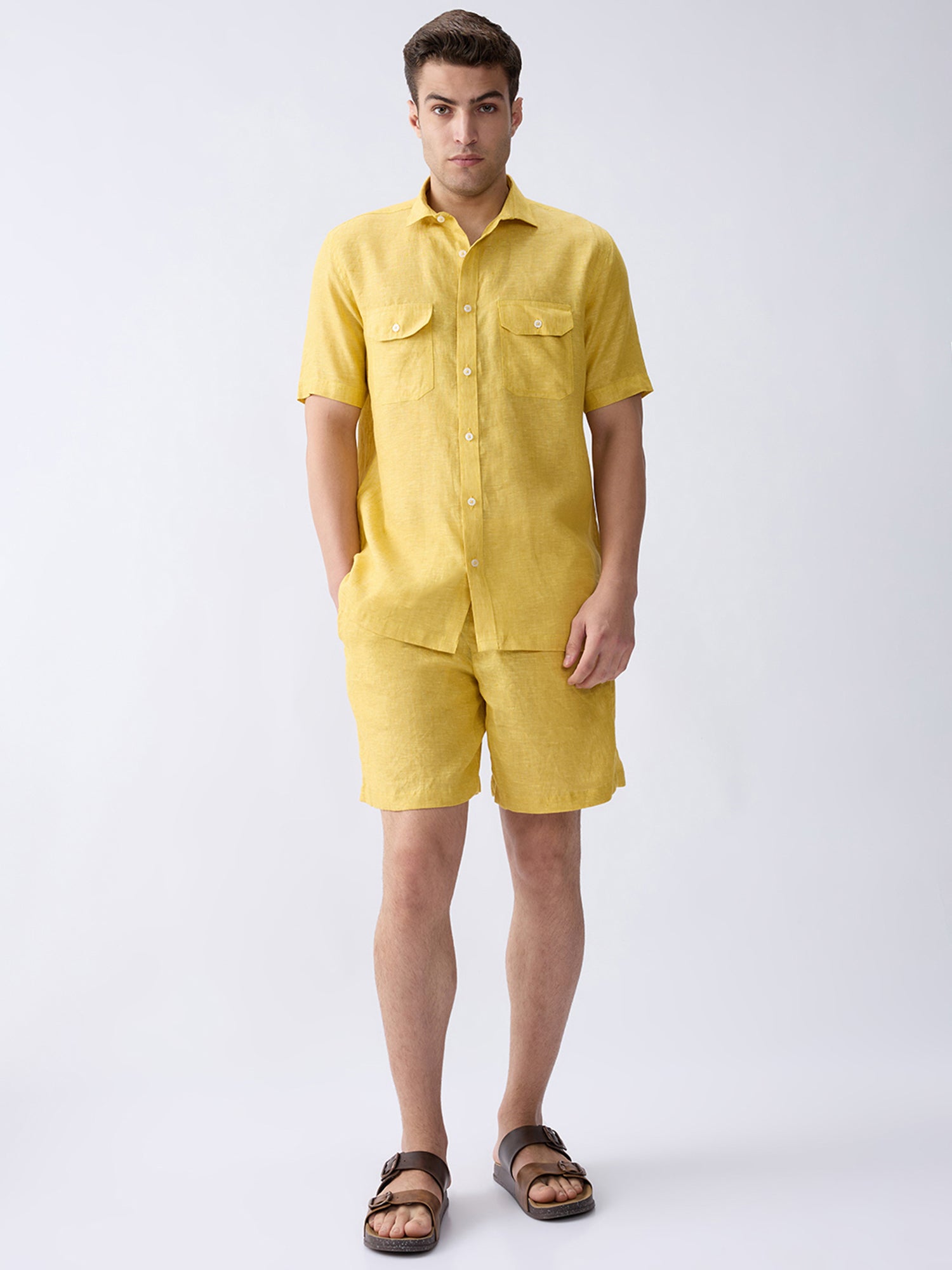 Mustard Yellow 100% Pure Linen Half Sleeve Safari