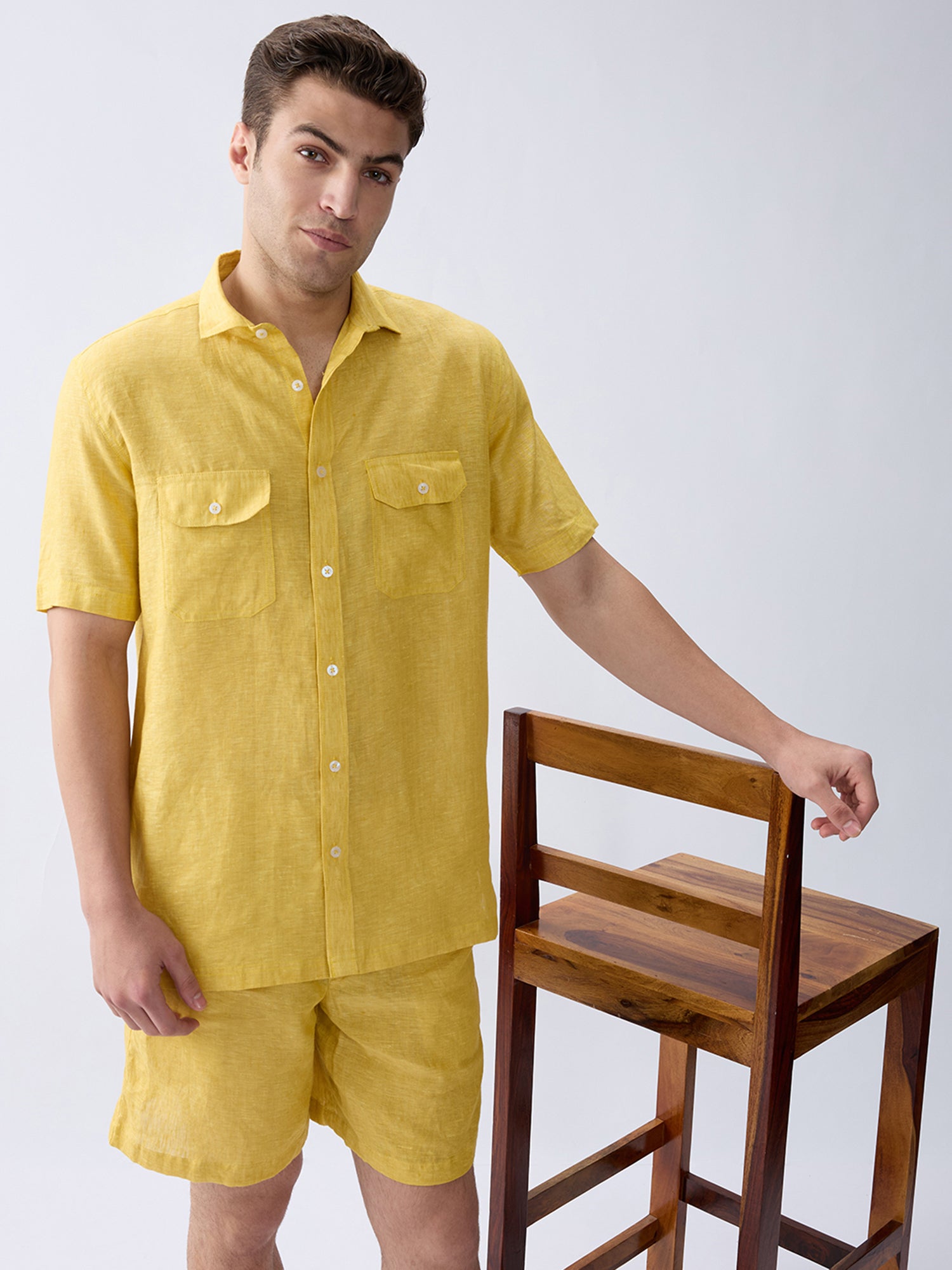 Mustard Yellow 100% Pure Linen Half Sleeve Safari