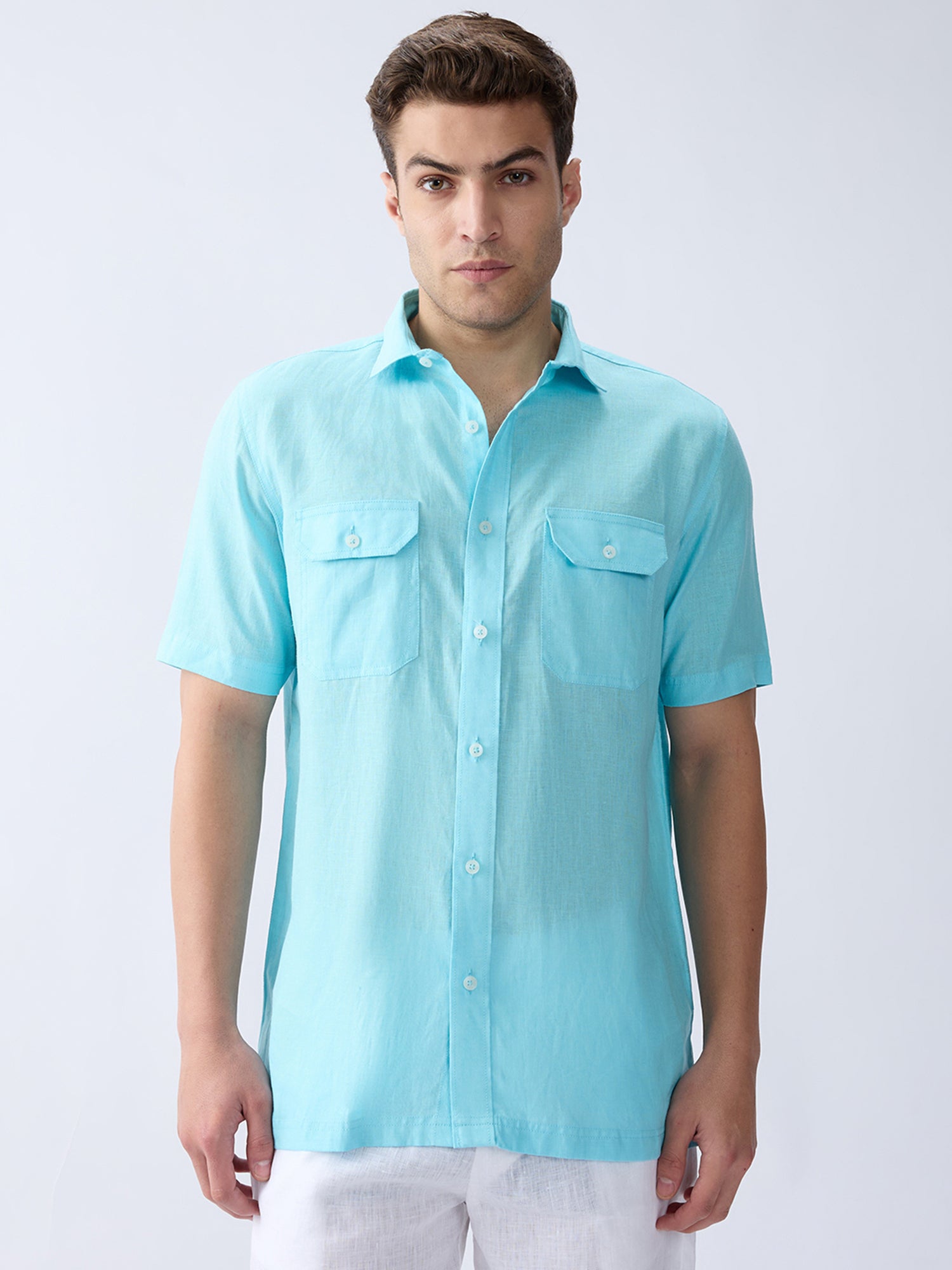 Sky Blue 100% Pure Linen Half Sleeve Safari