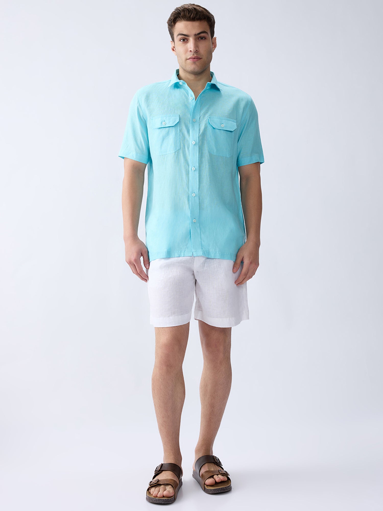 Sky Blue 100% Pure Linen Half Sleeve Safari