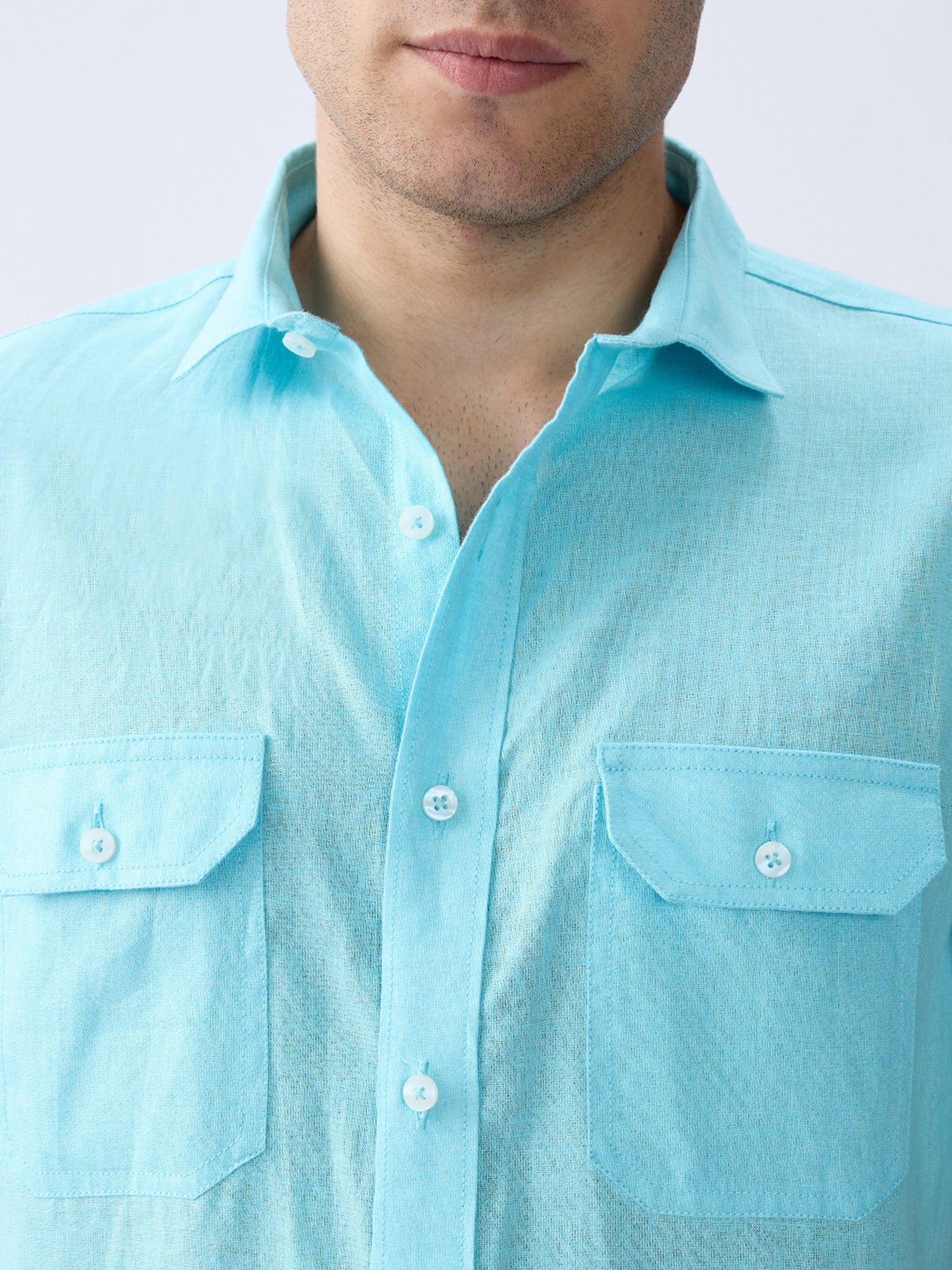 Sky Blue 100% Pure Linen Half Sleeve Safari