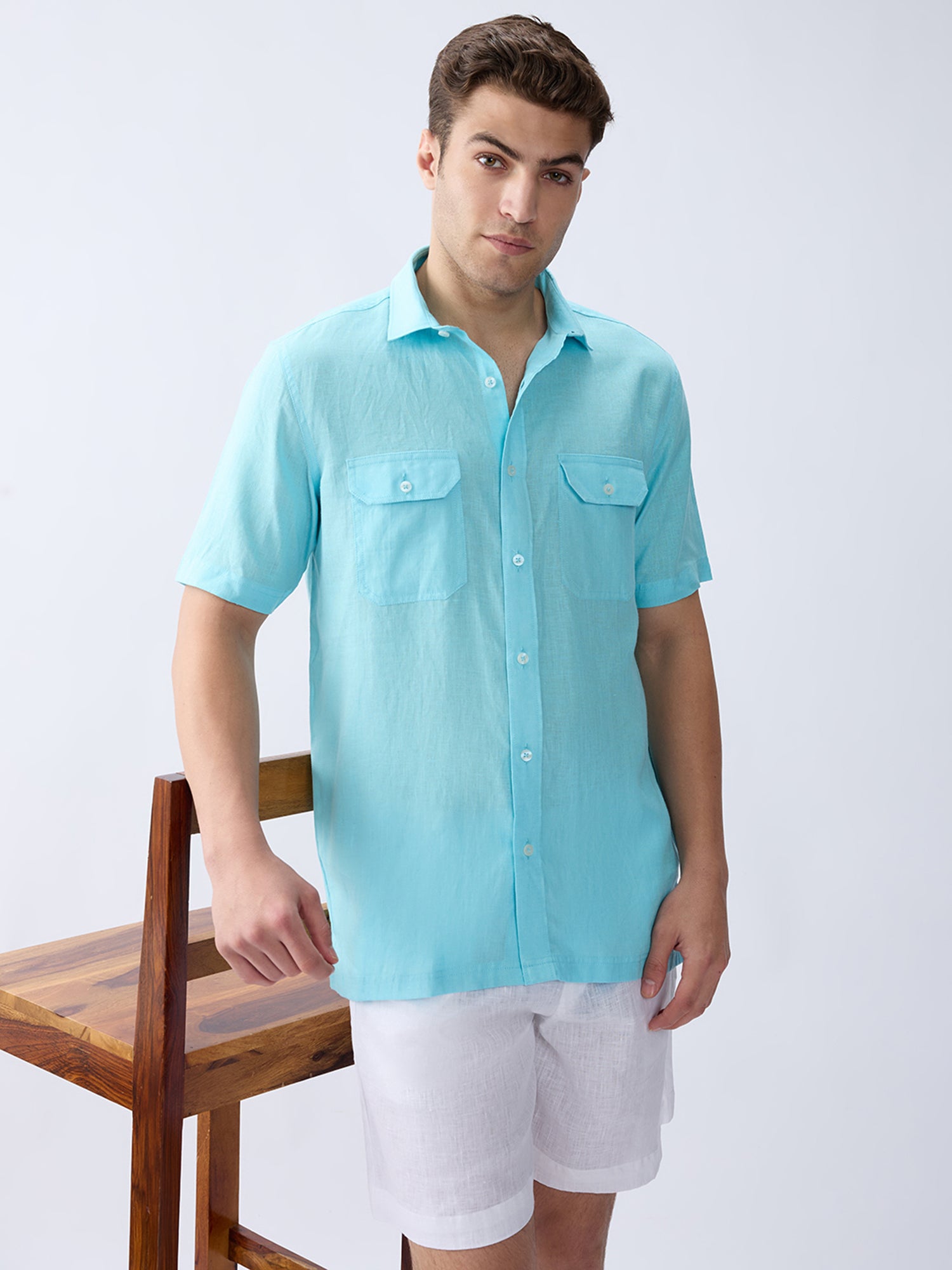 Sky Blue 100% Pure Linen Half Sleeve Safari