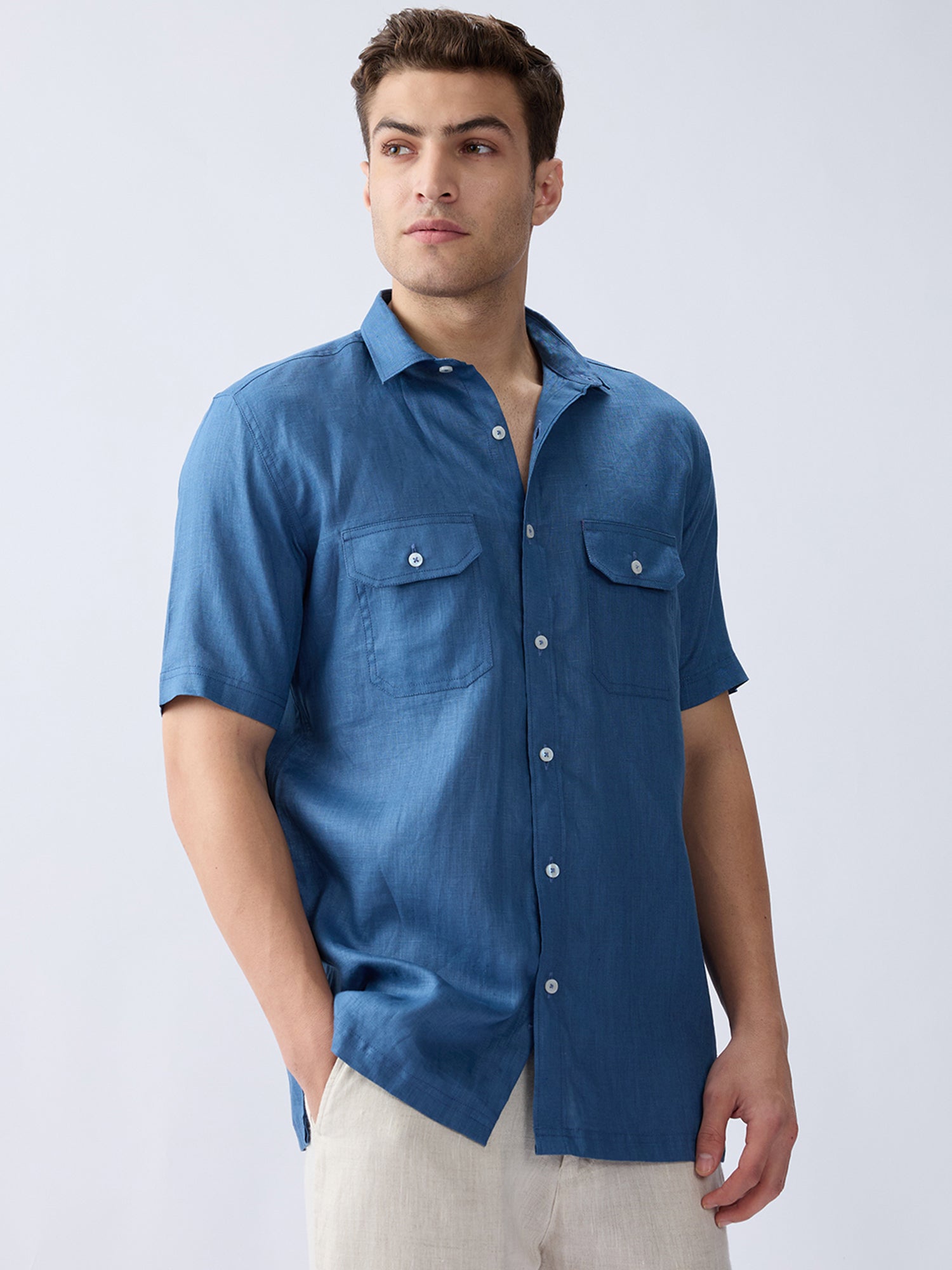 Dusty Blue 100% Pure Linen Half Sleeve Safari