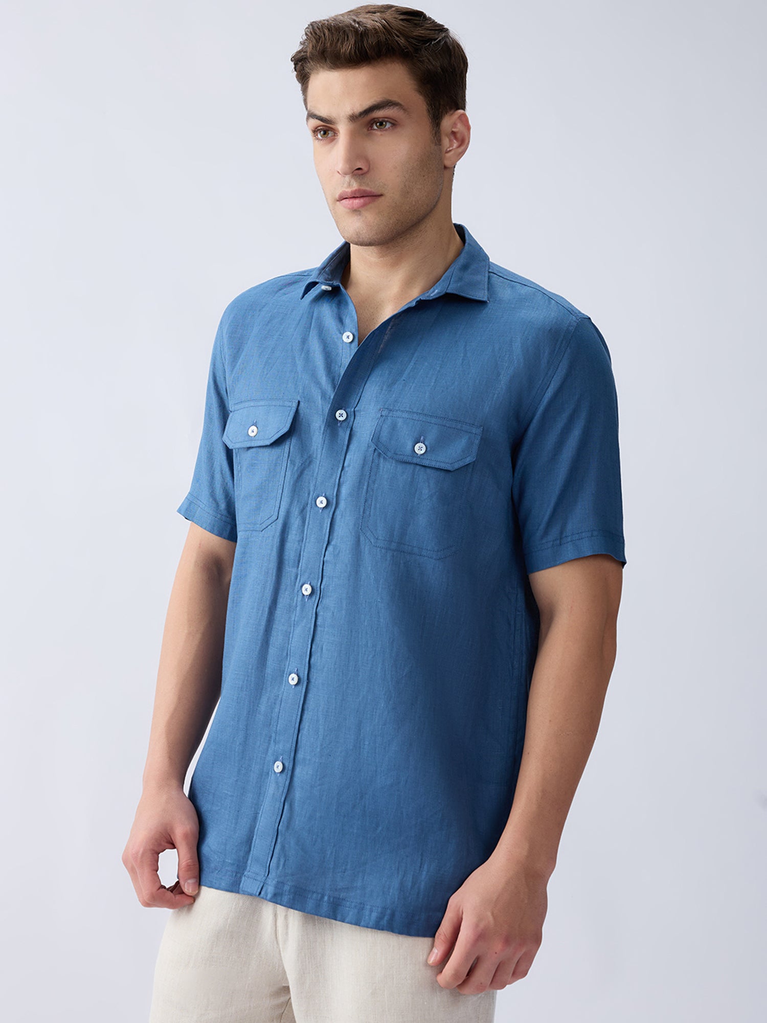 Dusty Blue 100% Pure Linen Half Sleeve Safari