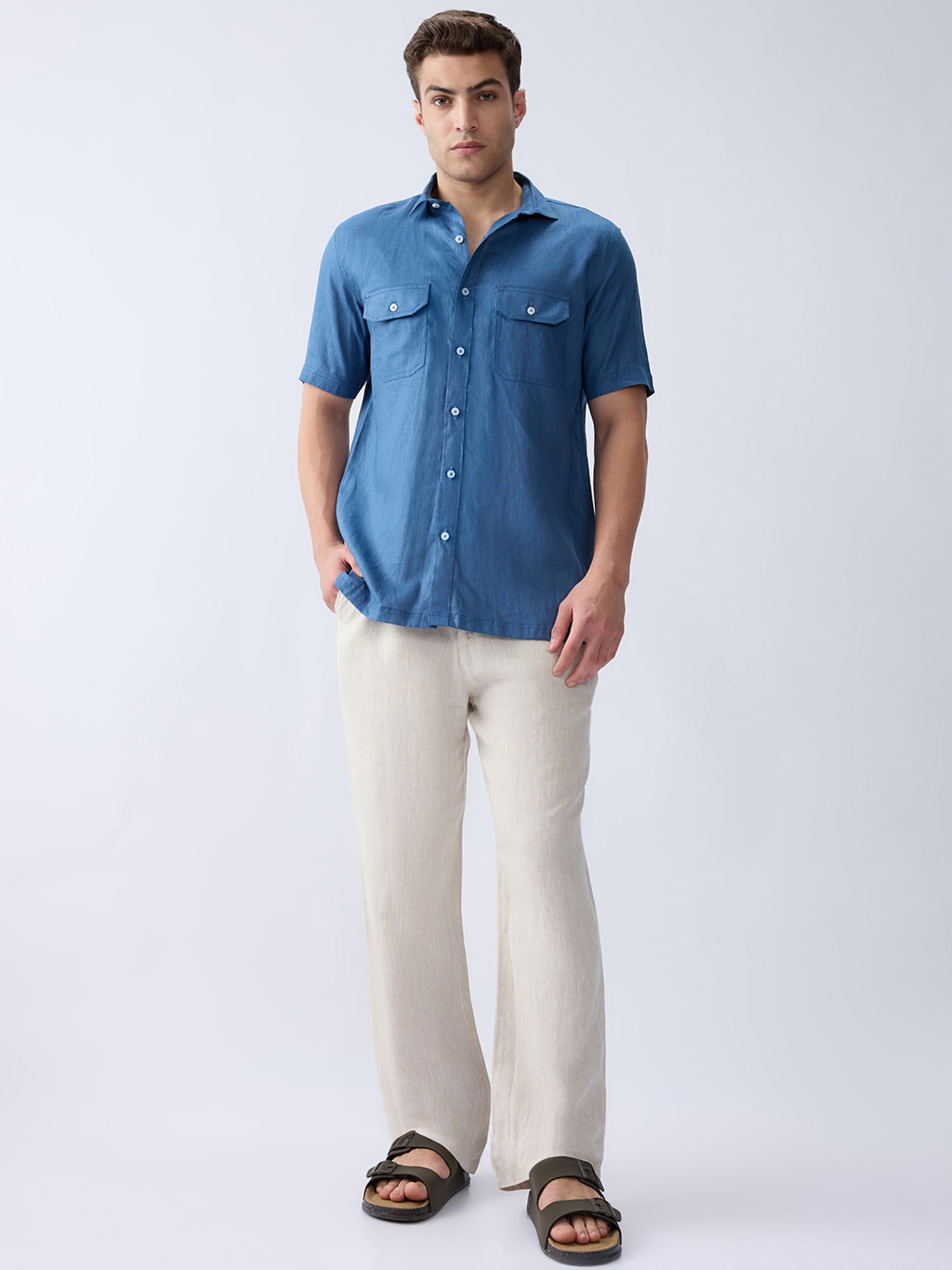 Dusty Blue 100% Pure Linen Half Sleeve Safari